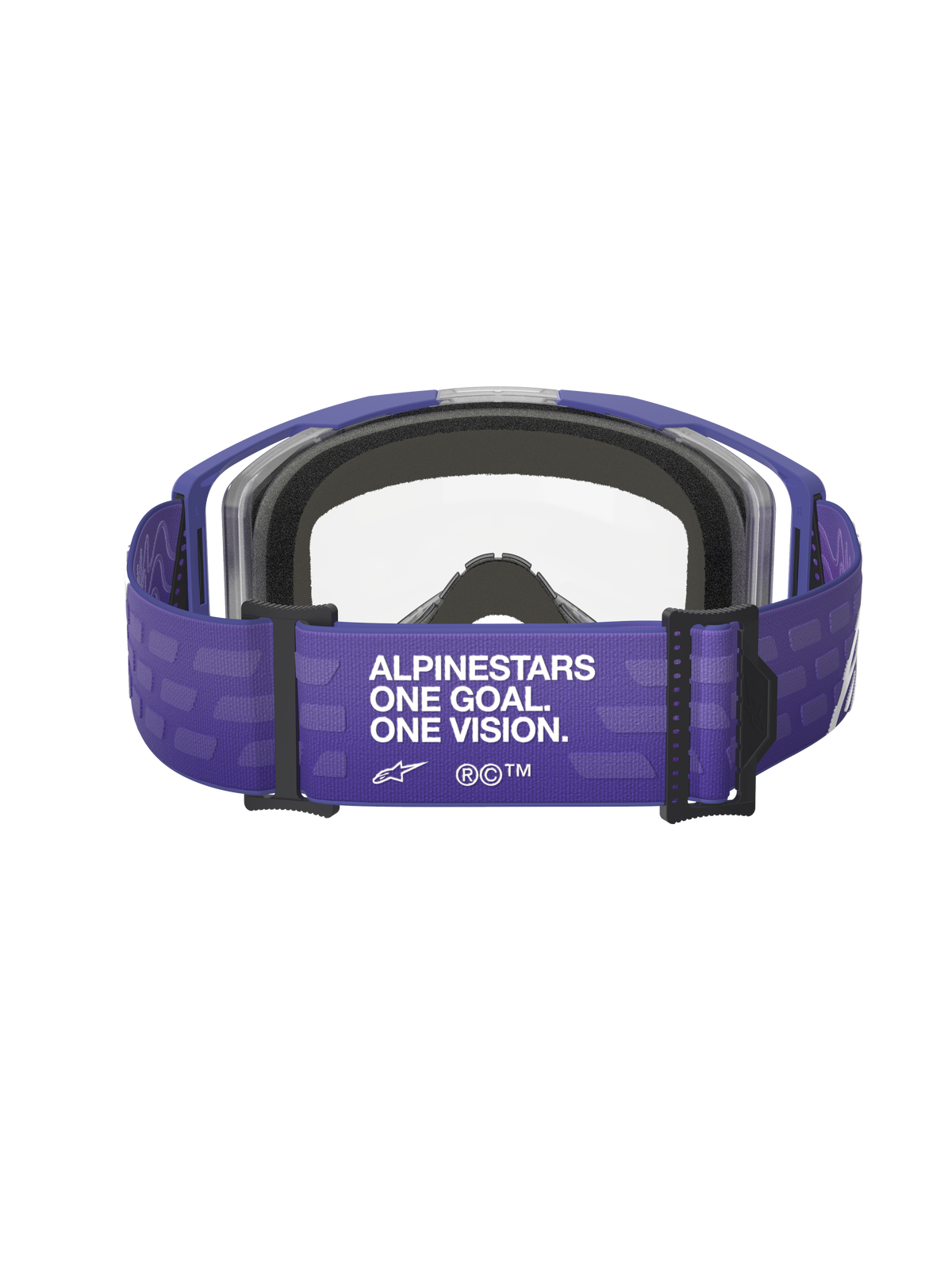 Alpinestars Vision 8 Corp Goggles, Motocross-Brille, Lila Klar, Rückansicht mit lila Band und „ALPINESTARS ONE GOAL. ONE VISION.“ Branding, klare Linse und schwarze Schaumstoffpolsterung, Offroad-Rennausrüstung