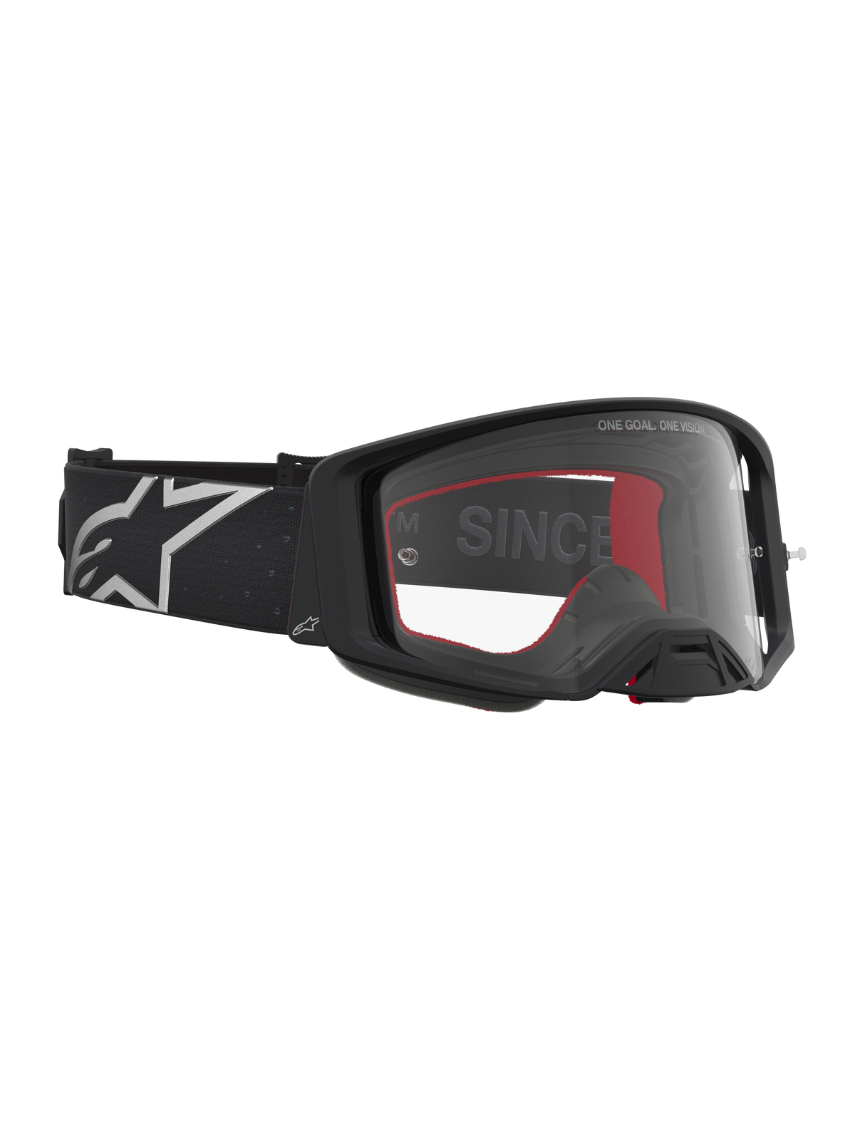 Alpinestars Supertech Vesta Schutzbrille, Motocross-Brille in Mattschwarz und Silber mit klarer Scheibe.