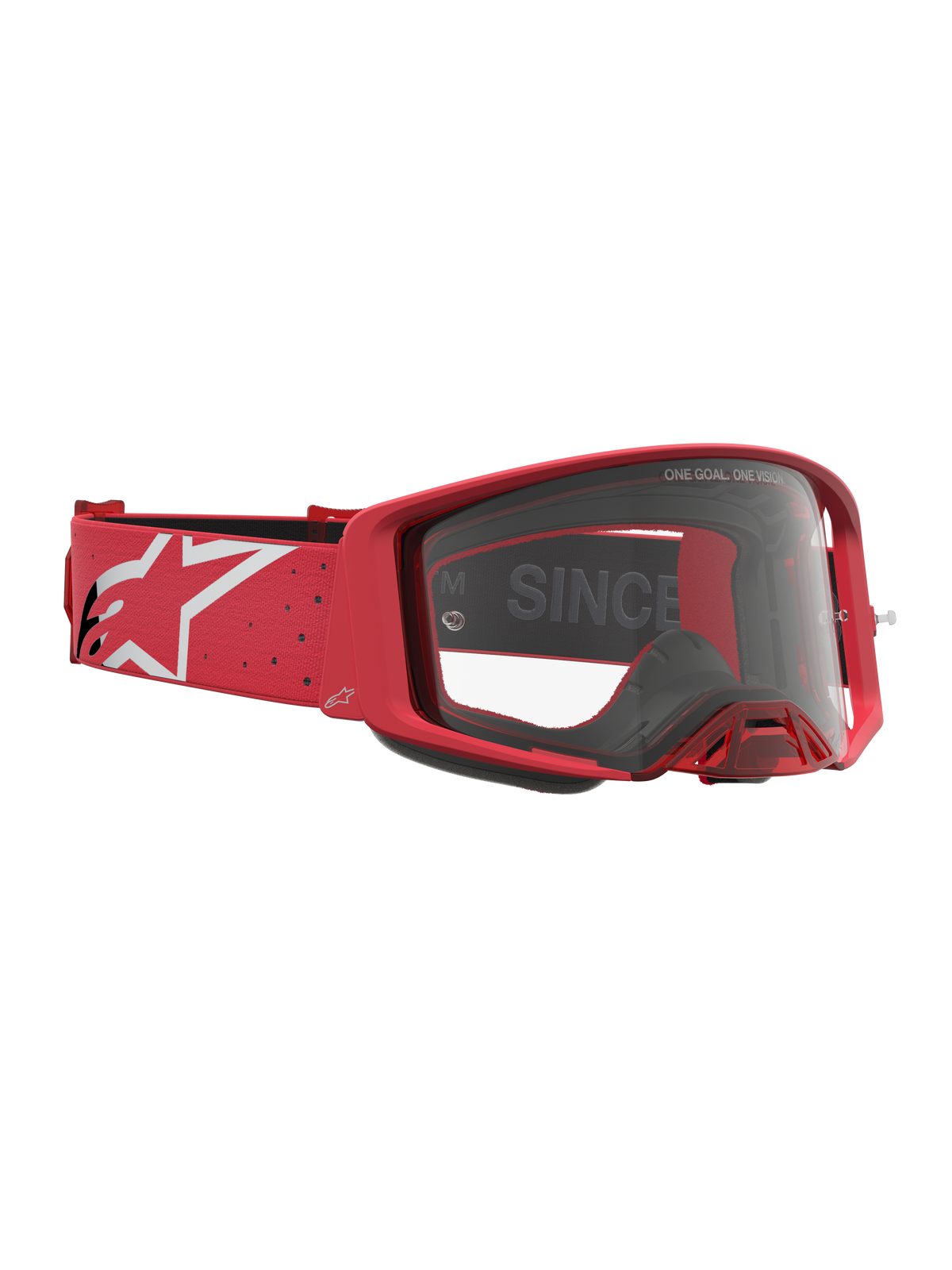 Alpinestars Supertech Vesta Schutzbrille, Motocross-Rennbrille in Rot und Weiß, mit klarer Linse und markantem Logo-Band für den Offroad-Einsatz.