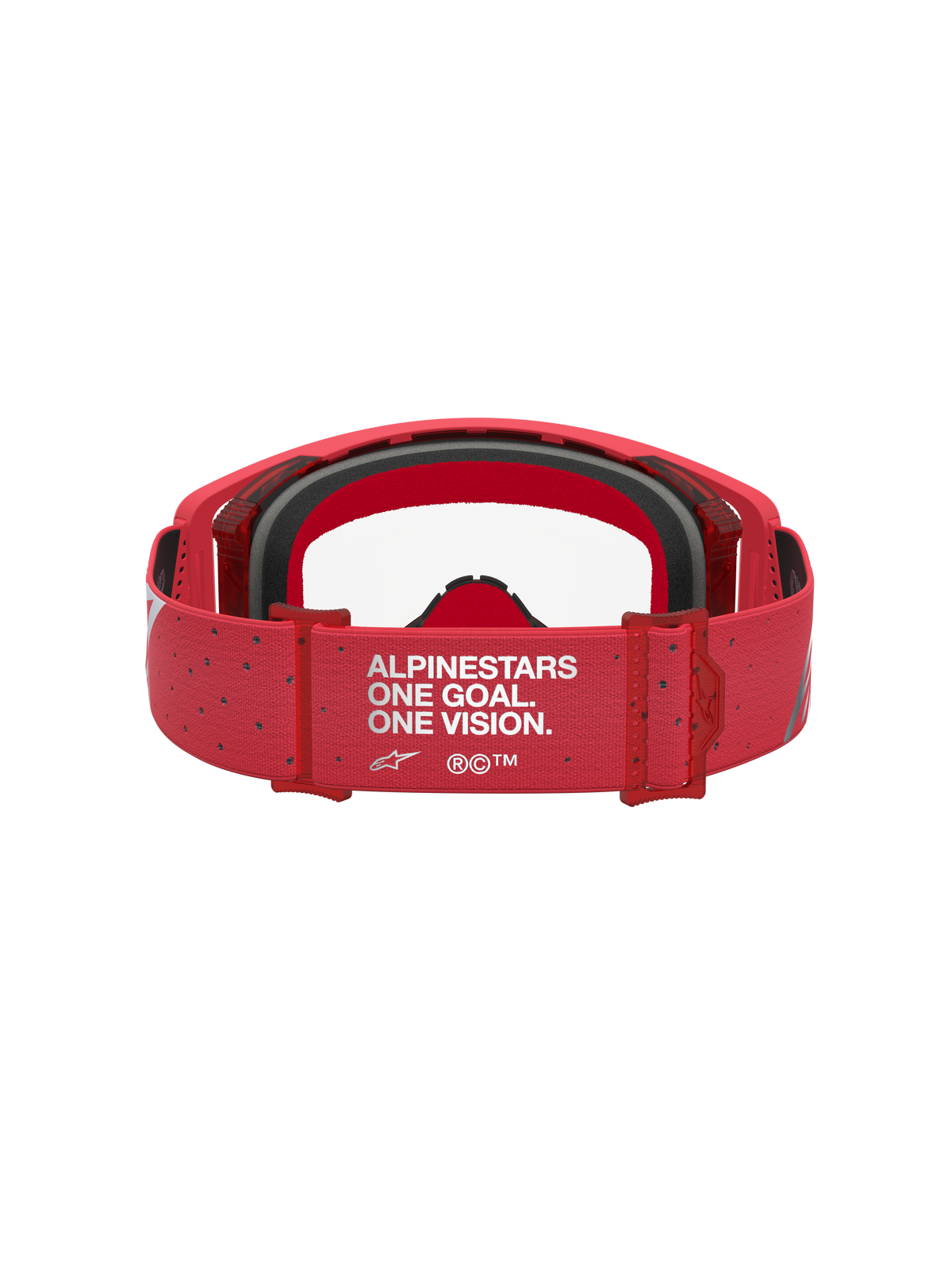 Alpinestars Supertech Vesta Schutzbrille, Motocross-Schutzbrille in Rot, Rückansicht mit One Goal One Vision Logo auf dem verstellbaren Band