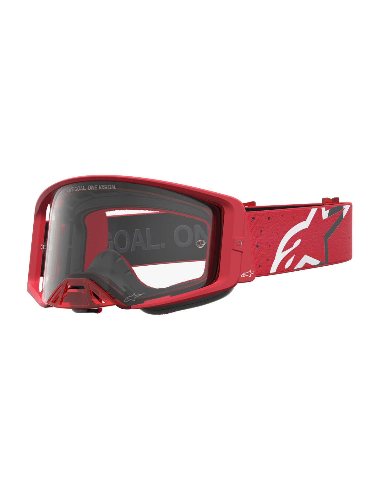 Alpinestars Supertech Vesta Motocross-Schutzbrille, Rot und Weiß, mit klarer Polycarbonat-Linse und weißem Stern-Logo auf dem Gurt, professionelle Offroad-Rennausrüstung.