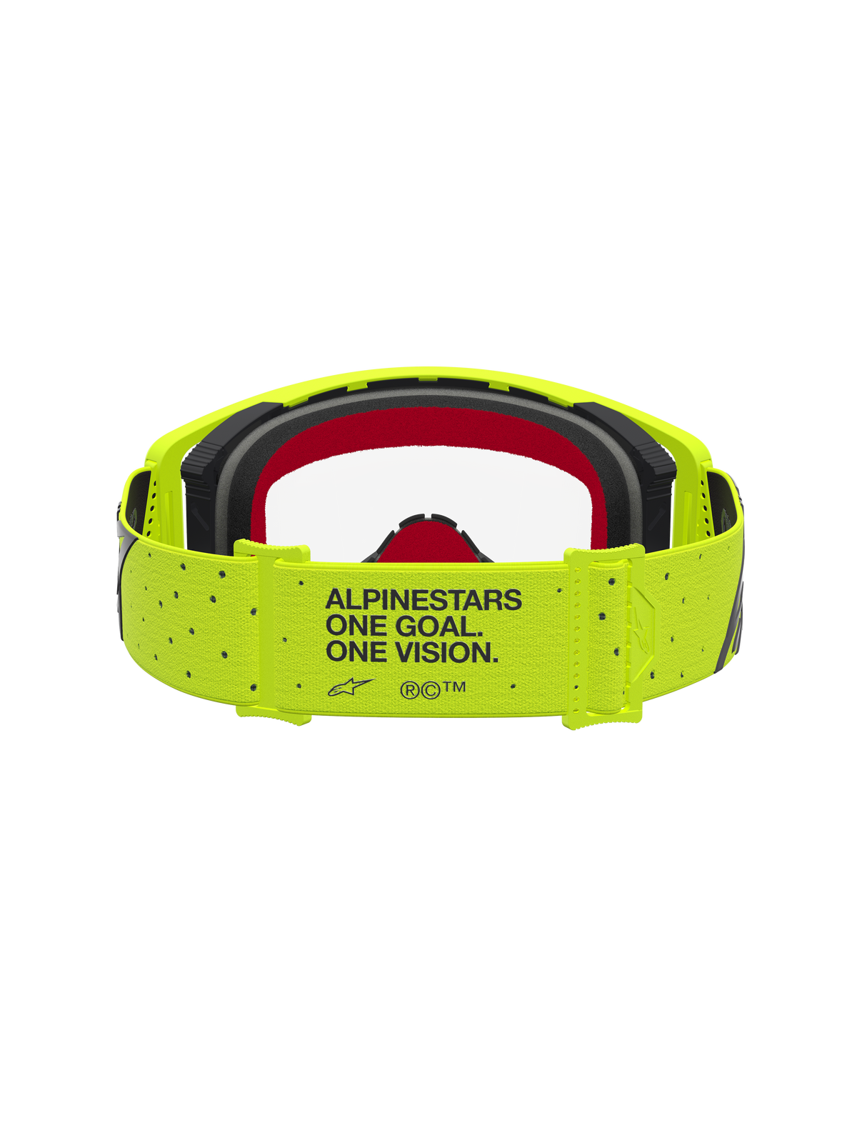 Alpinestars Supertech Vesta Motocross-Schutzbrille, Gelb Fluo und Schwarz, roter Schaumstoff und Markenmotto-Band.