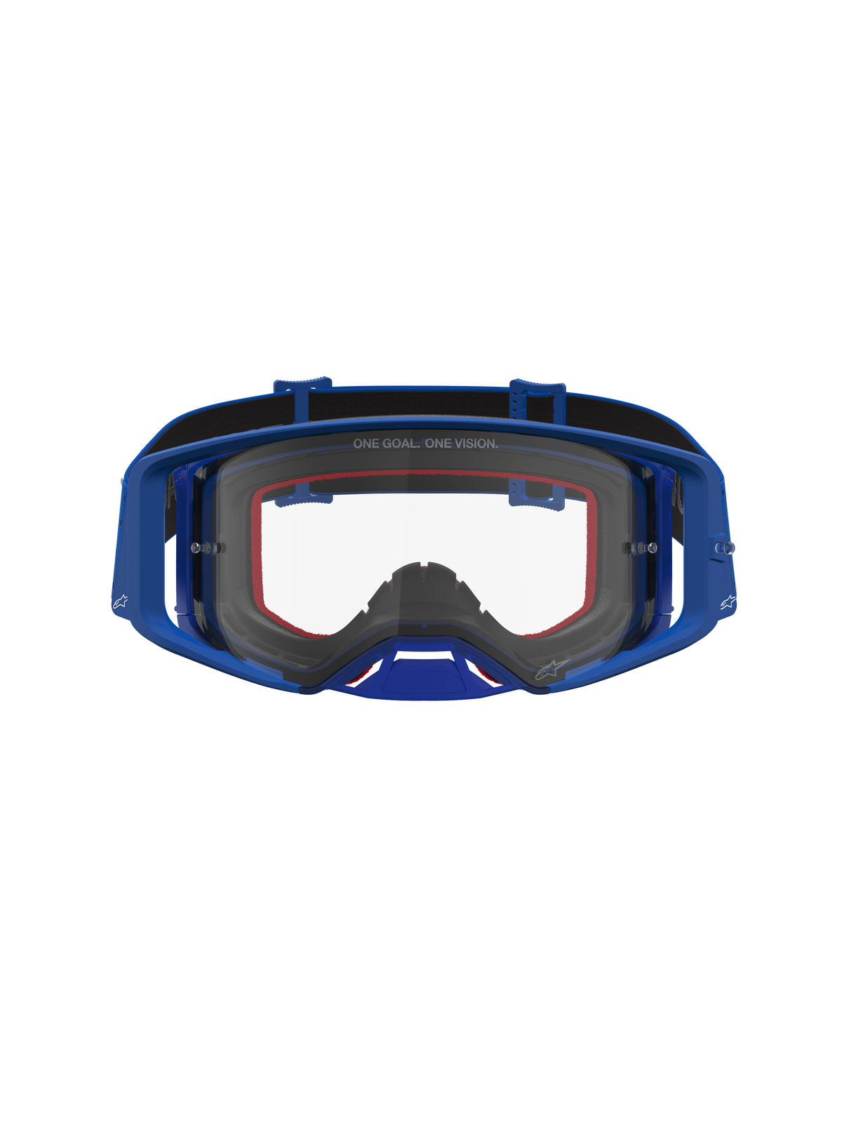 Alpinestars Supertech Vesta Motocross Goggles, blue and white frame, clear lens for high-performance off-road eye protection.