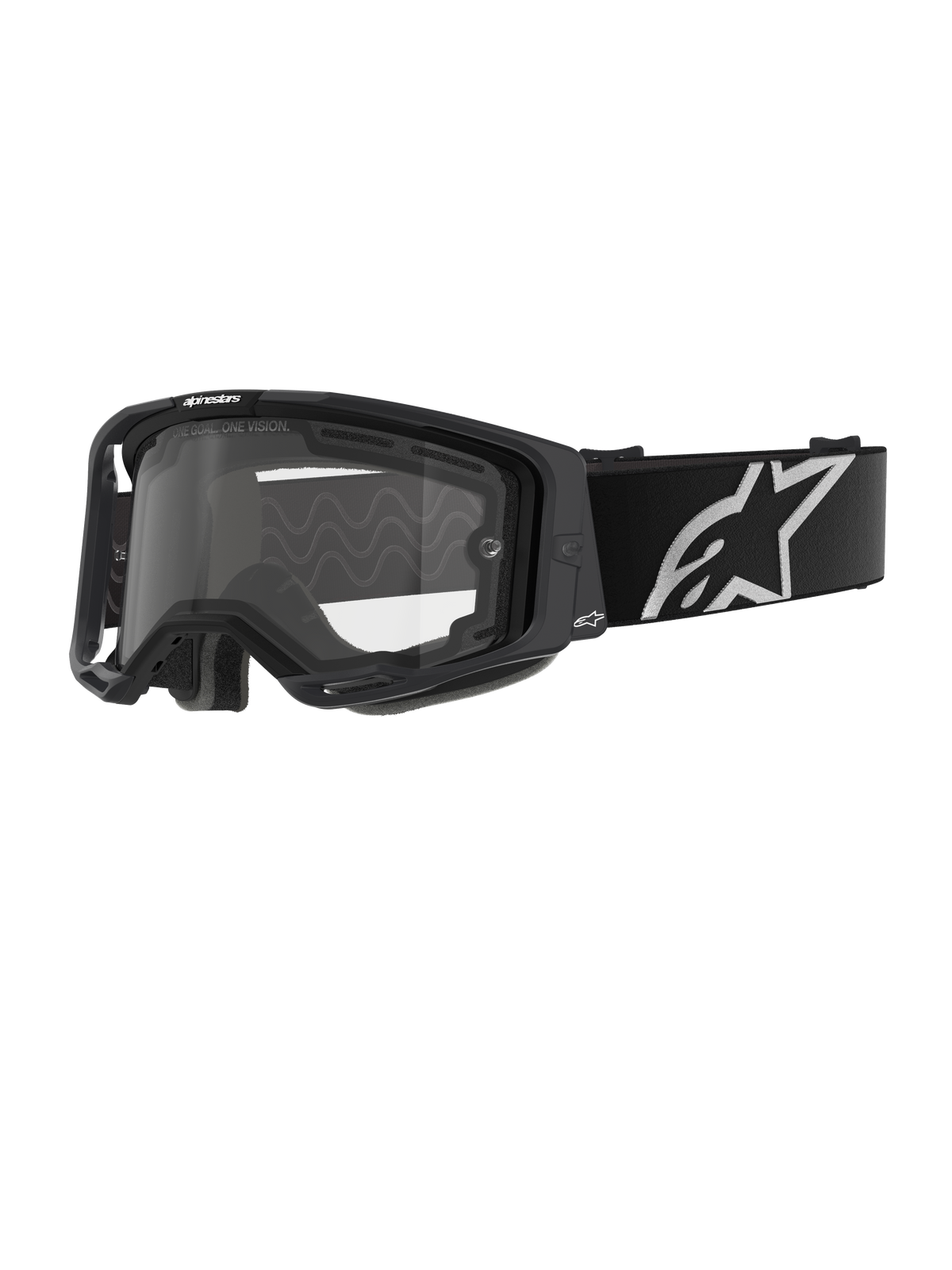 Alpinestars Vision 8 Corp Brille - Doppelscheibe, Motocross-Brille, schwarzer Rahmen mit einer klaren Doppelscheibe, breites schwarzes Brillenband mit markantem weißem Alpinestars-Sternlogo, schlankes Performance-Design mit Belüftungsöffnungen für den Offroad-Rennsport.