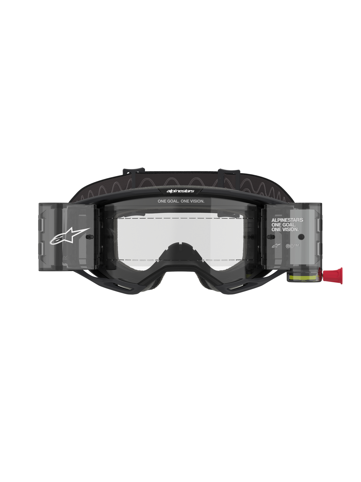 Alpinestars Vision 8 Corp Goggles Roll Off, Motocross Goggles, Black frame with Clear lens, featuring integrated roll-off system with translucent canisters and wide black strap with branding, professional racing eye protection