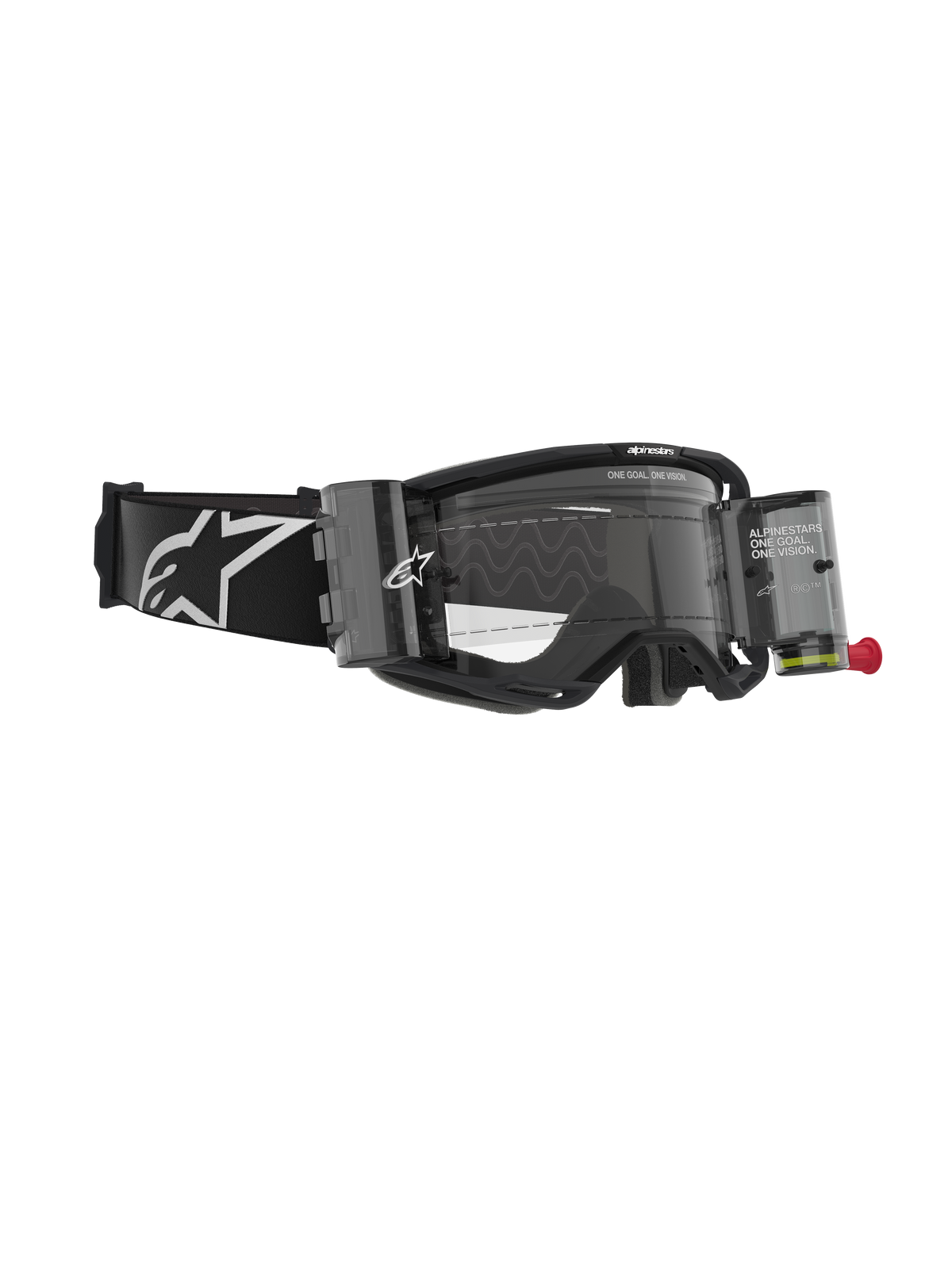 Alpinestars Vision 8 Corp Goggles, Motocross Goggles with Roll-Off System, Black and Clear, featuring transparent film canisters, a clear lens, and a wide black strap with a large white Alpinestars logo