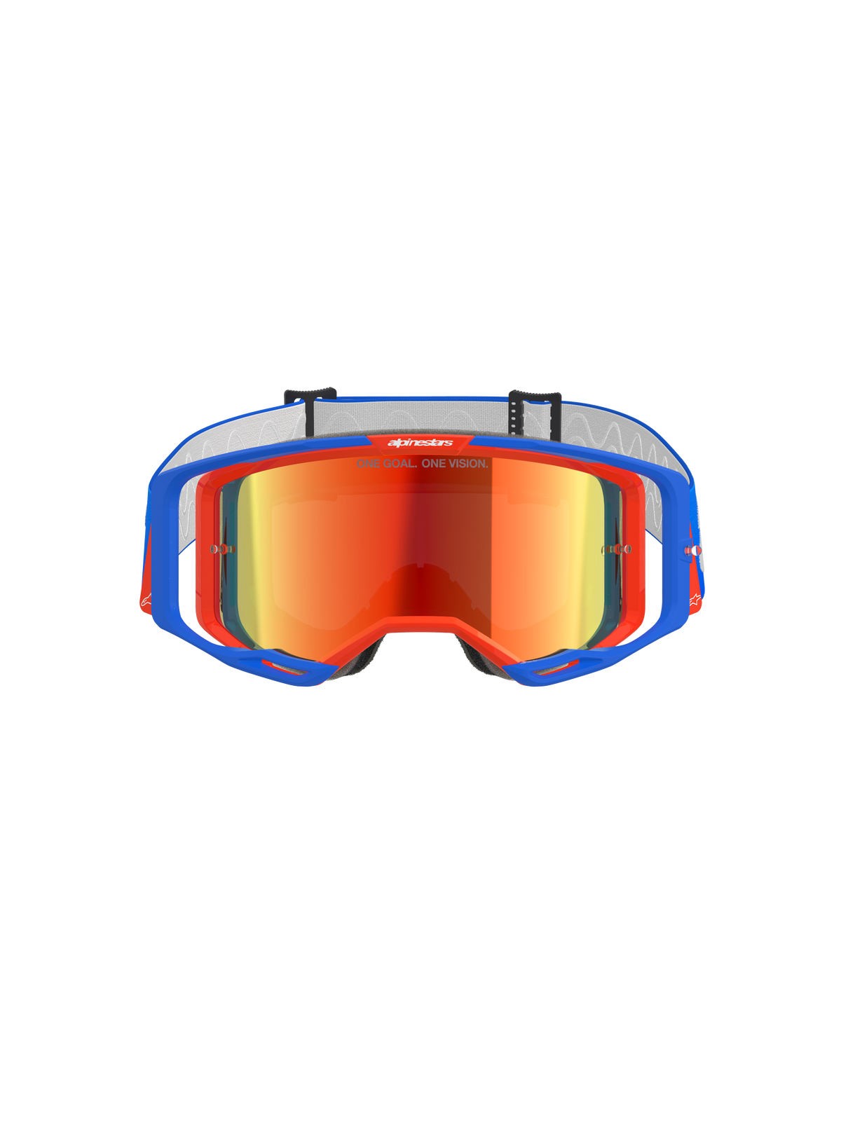 Alpinestars Vision 8 Wordmark Goggles, Motocross Goggles, Blue and Orange with Red Mirror Lens, featuring a wide field of view and high-performance A-FLEX frame for off-road racing.