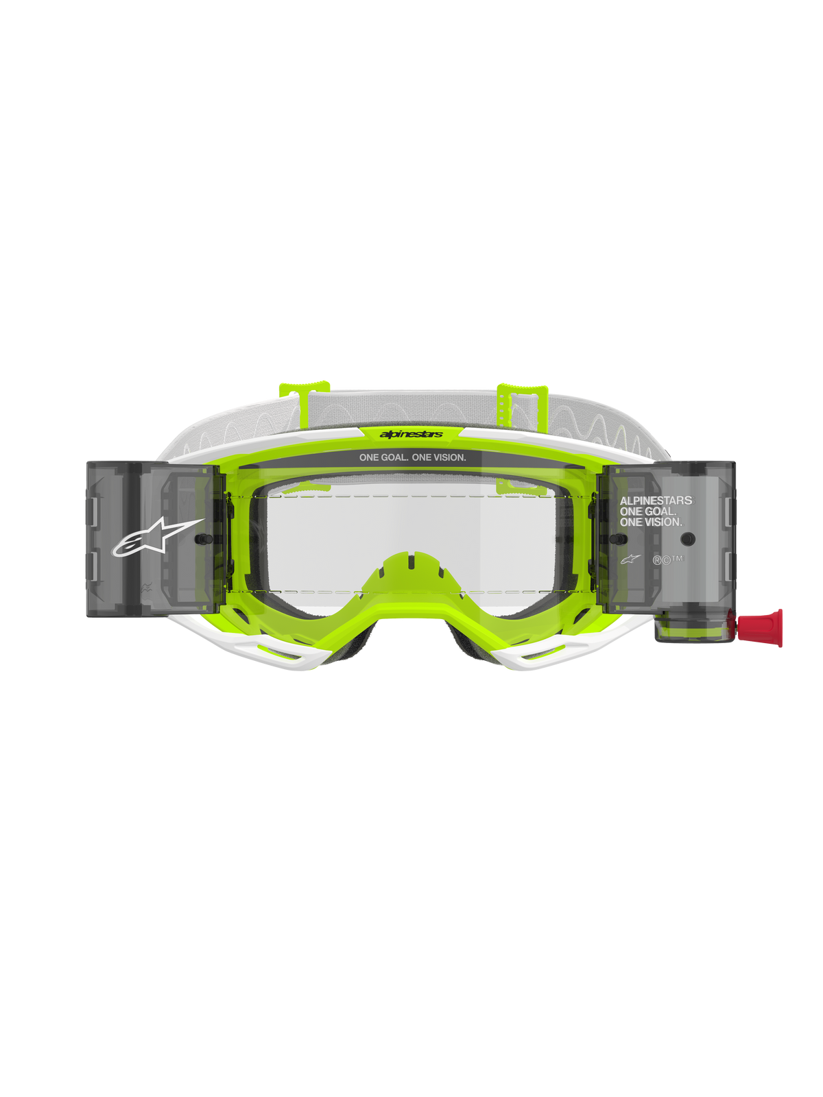 Alpinestars Vision 8 Wordmark Roll-Off Schutzbrille, Rahmen in Weiß und Fluoreszierendem Gelb, klare Scheibe mit integrierten Roll-Off-System-Behältern, weißes gewebtes Brillenband, mit „ONE GOAL. ONE VISION.“ Branding, professioneller Motocross-Augenschutz