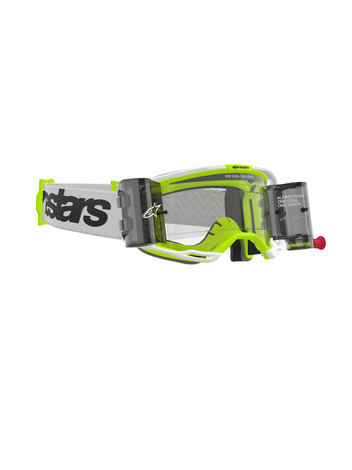 Alpinestars Vision 8 Wordmark Roll-Off Brille, Motocross-Brille, Rahmen in Weiß und fluoreszierendem Gelb, klare Linse mit integrierten Roll-Off-Behältern, weißes gewebtes Brillenband mit markantem schwarzem Branding, Hochleistungs-Offroad-Brille.