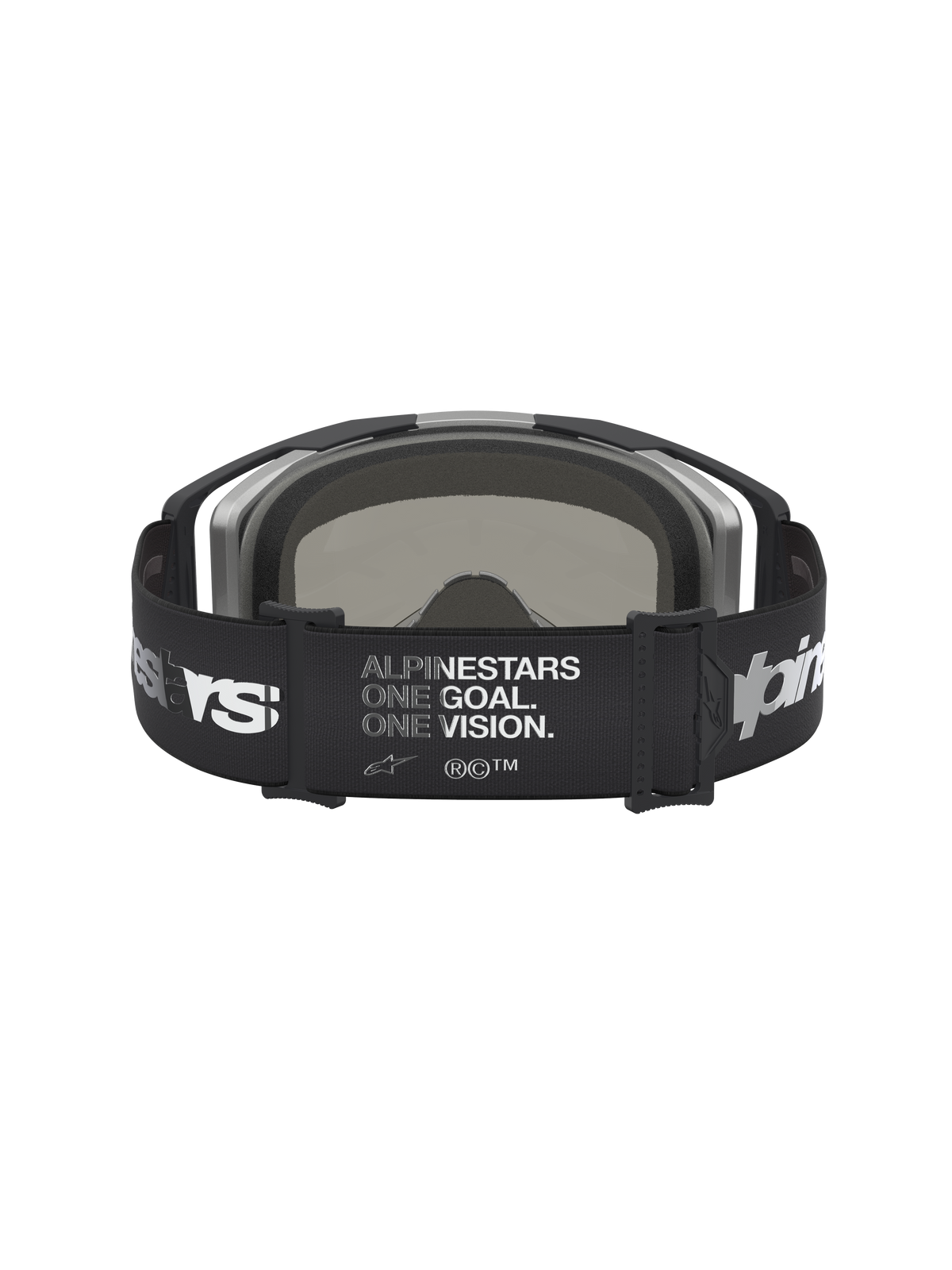 Alpinestars Vision 8 Schutzbrille Amber Mirror, Motocross-Schutzbrille, Schwarz und Silber, breites Kopfband mit Logo-Druck und verspiegelter Scheibe.