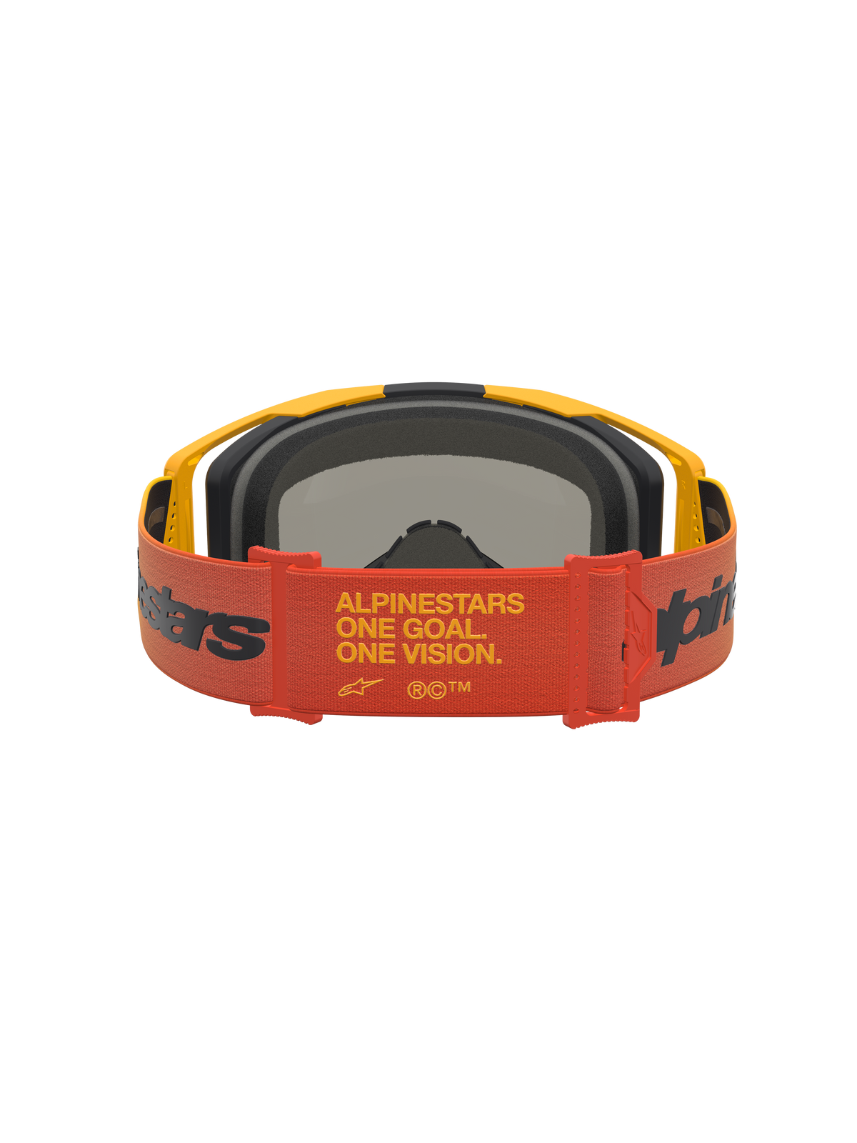Alpinestars Vision 8 Schutzbrille Amber Mirror, Motocross Schutzbrille in Rot und Schwarz, Rückansicht mit One Goal One Vision Band für Offroad-Rennsport.