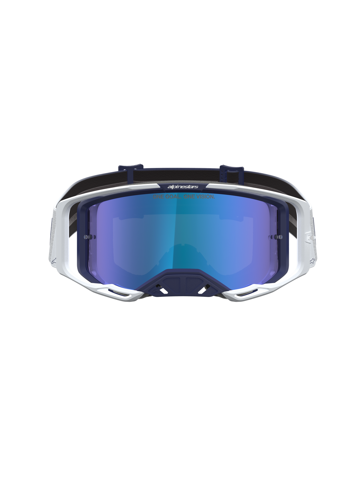 Alpinestars Vision 8 Schutzbrille Amber Mirror in Dunkelblau und Weiß, Motocross-Brille mit blau verspiegelter Scheibe.