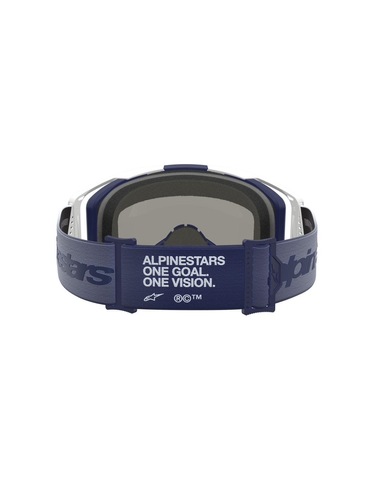 Alpinestars Vision 8 Schutzbrille Amber Mirror, Rückansicht mit blauem Band, Markenmotto, weißer Rahmen, 3D-Gesichtsschaum.