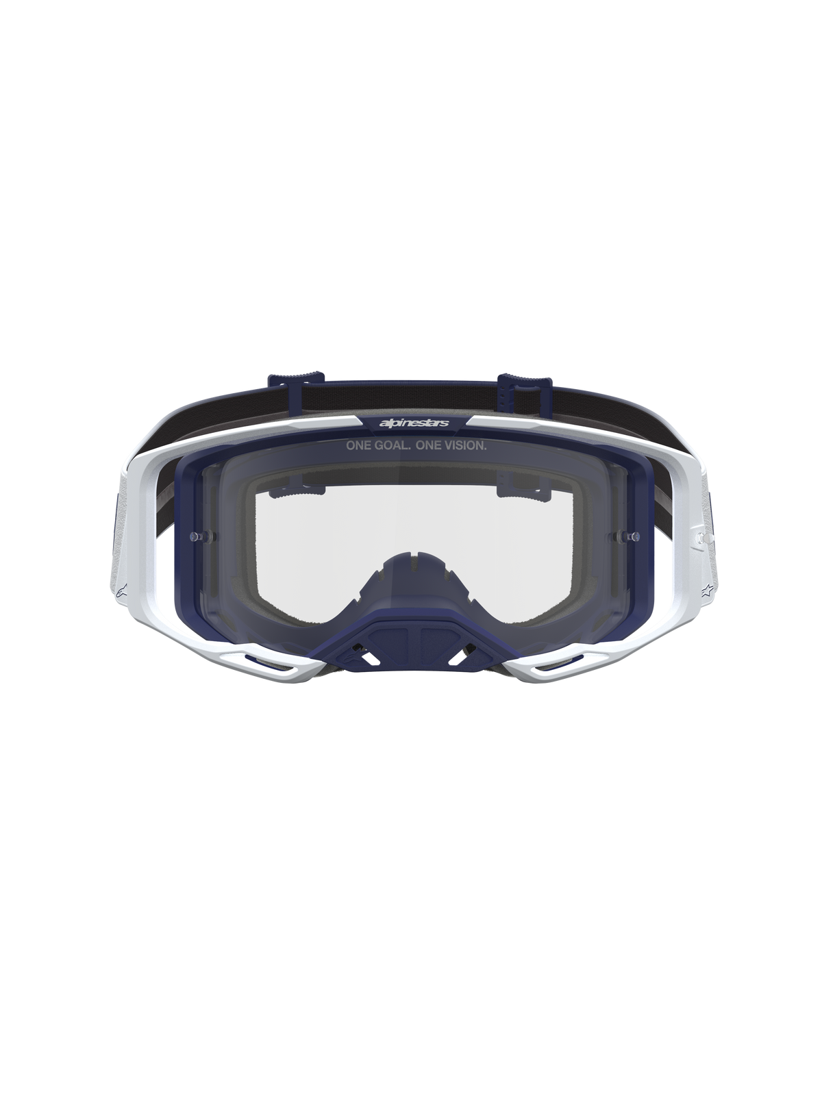 Alpinestars Vision 8 Amber Goggles, Unisex Motocross eyewear in white and navy blue with clear lens and A-FLEX frame.