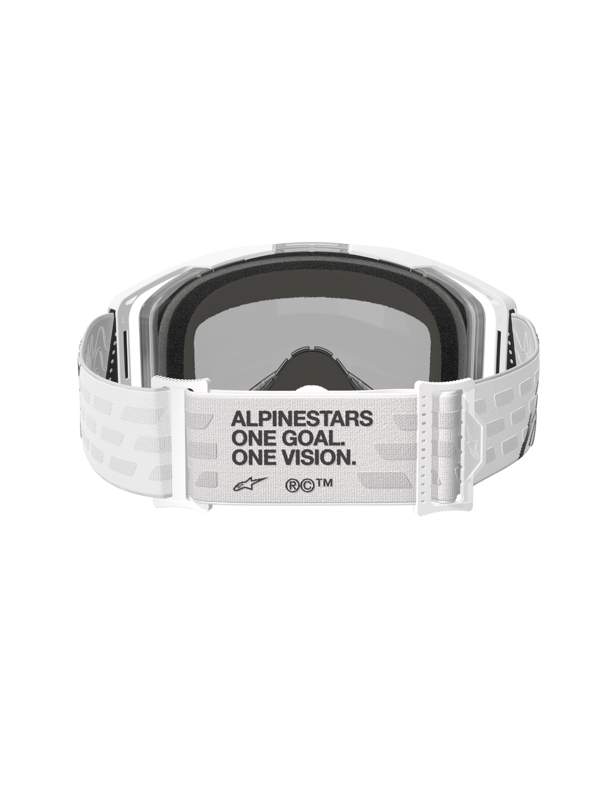 Alpinestars Vision 8 Corp Goggles, Motocross-Brille, Weiß mit Mirror-Silver-Glas, Rückansicht mit breitem weißem Webband und schwarzem „ALPINESTARS ONE GOAL. ONE VISION.“ Schriftzug, verstellbare Schnallen und bequemer Gesichtsschaum, konzipiert für Offroad-Performance