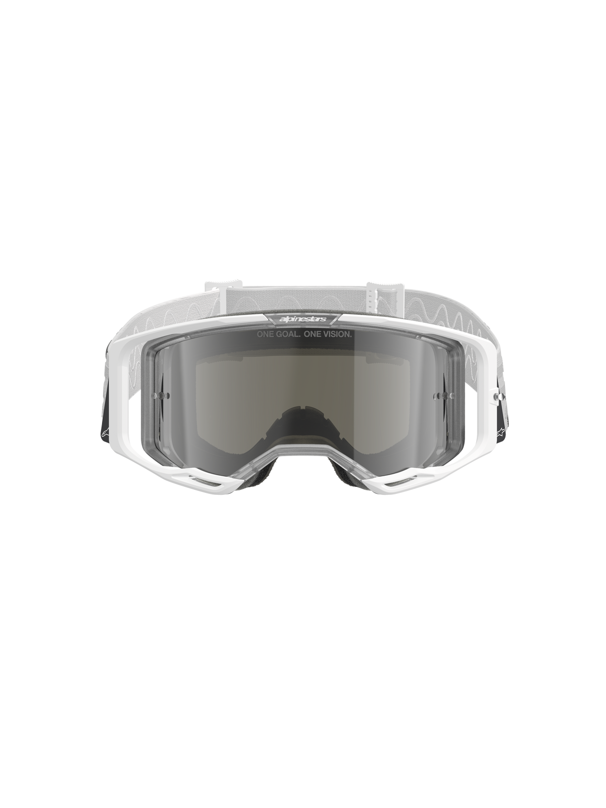 Alpinestars Vision 8 Corp Goggles, Motocross-Brille, Weiß mit verspiegelter silberner Linse, Vorderansicht mit weitwinkeliger Polycarbonat-Linse, RAM-AIR-Belüftungssystem und weißem gewebtem Band mit Branding.