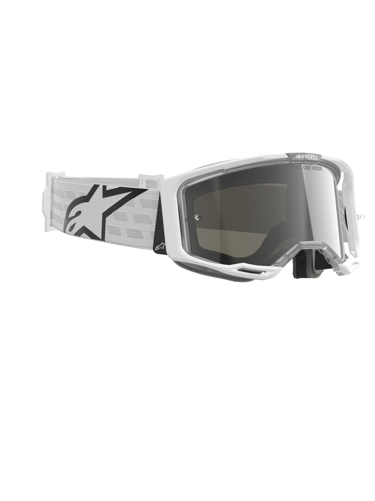 Alpinestars Vision 8 Corp Goggles, Motocross-Brille, Weiß und Silber verspiegelt, weißer A-FLEX-Rahmen mit silber verspiegelter Linse, weiß gewebtes Band mit einem großen schwarzen Alpinestars Stern-Logo