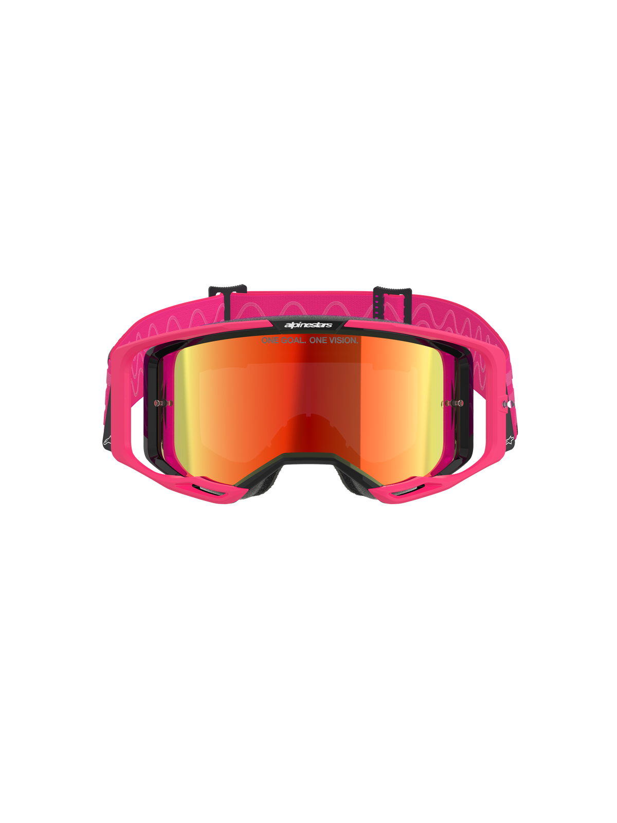 Alpinestars Vision 8 Corp Goggles, Motocross Goggles, Pink frame with Mirror Red lens, featuring wide pink strap with wavy silicone pattern, A-FLEX frame with outriggers, high-performance off-road eyewear