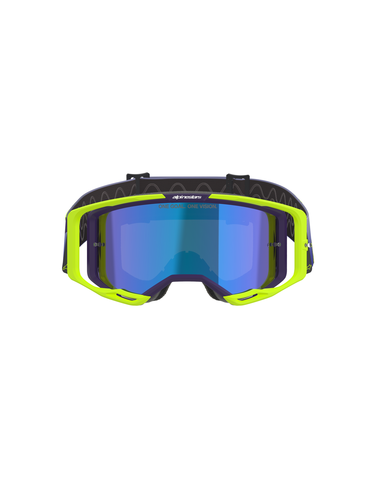 Alpinestars Vision 8 Corp Goggles, Motocross Goggles, Purple and Yellow Fluo, featuring a blue mirror-tinted lens, fluorescent yellow A-FLEX frame with purple accents, and an adjustable purple strap, high-performance off-road eyewear