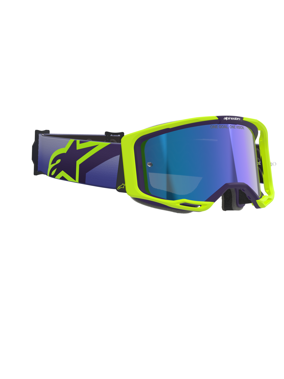 Alpinestars Vision 8 Corp Goggles, Motocross Goggles, Purple and Fluorescent Yellow, featuring a Mirror Blue lens, wide purple strap with bold yellow Alpinestars logo, flexible frame with ventilation details for off-road performance