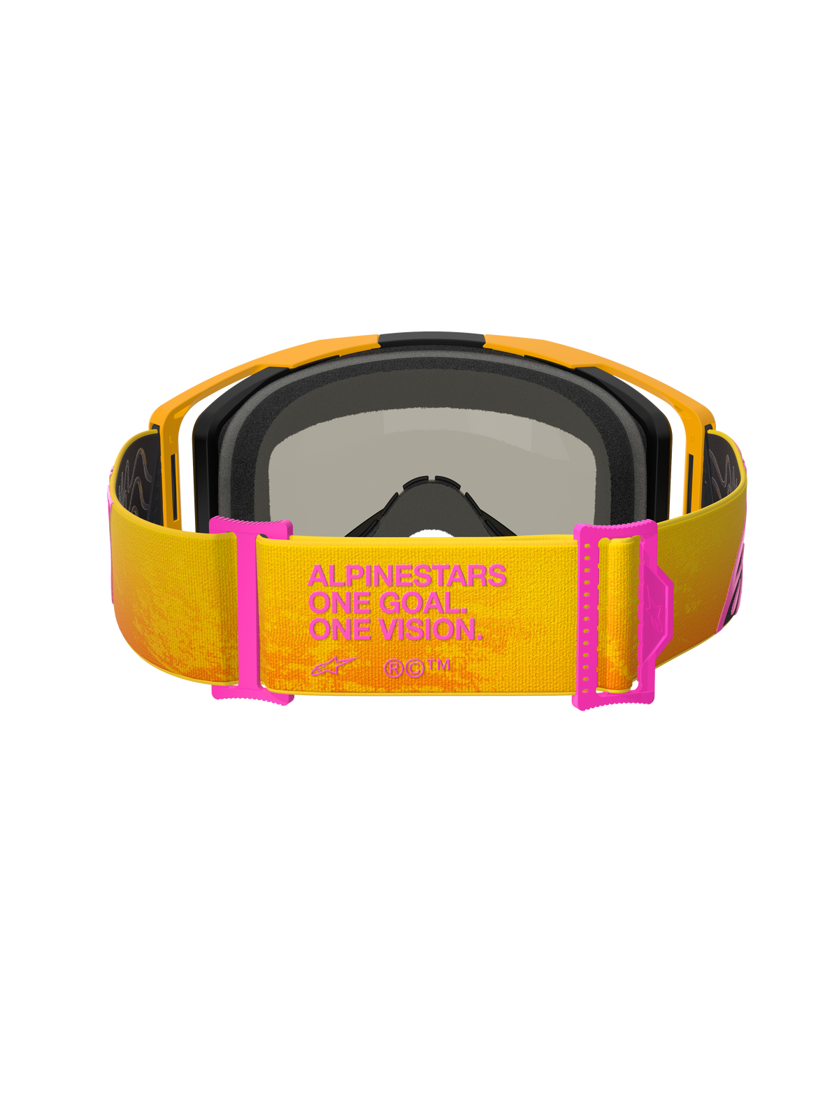 Alpinestars Vision 8 Corp Schutzbrille, Motocross-Brille, Orange und Gelb mit pinkfarbenen Akzenten, Rückansicht mit Fokus auf das Brillenband mit dem Text „ALPINESTARS ONE GOAL. ONE VISION.“, pinkfarbene Bandversteller, oranger Rahmen mit schwarzer Schaumstoffpolsterung