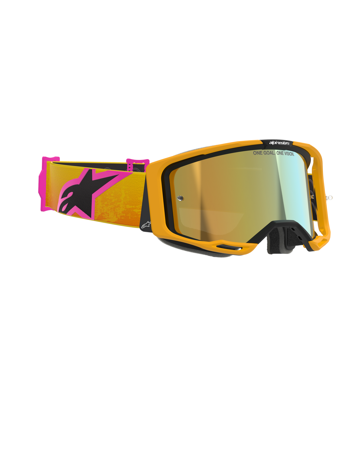 Alpinestars Vision 8 Corp Brille, Motocross-Brille, oranger Rahmen mit goldverspiegelter Scheibe, oranges und pinkes Brillenband mit schwarzem Alpinestars-Logo, Hochleistungsdesign für den Offroad-Rennsport