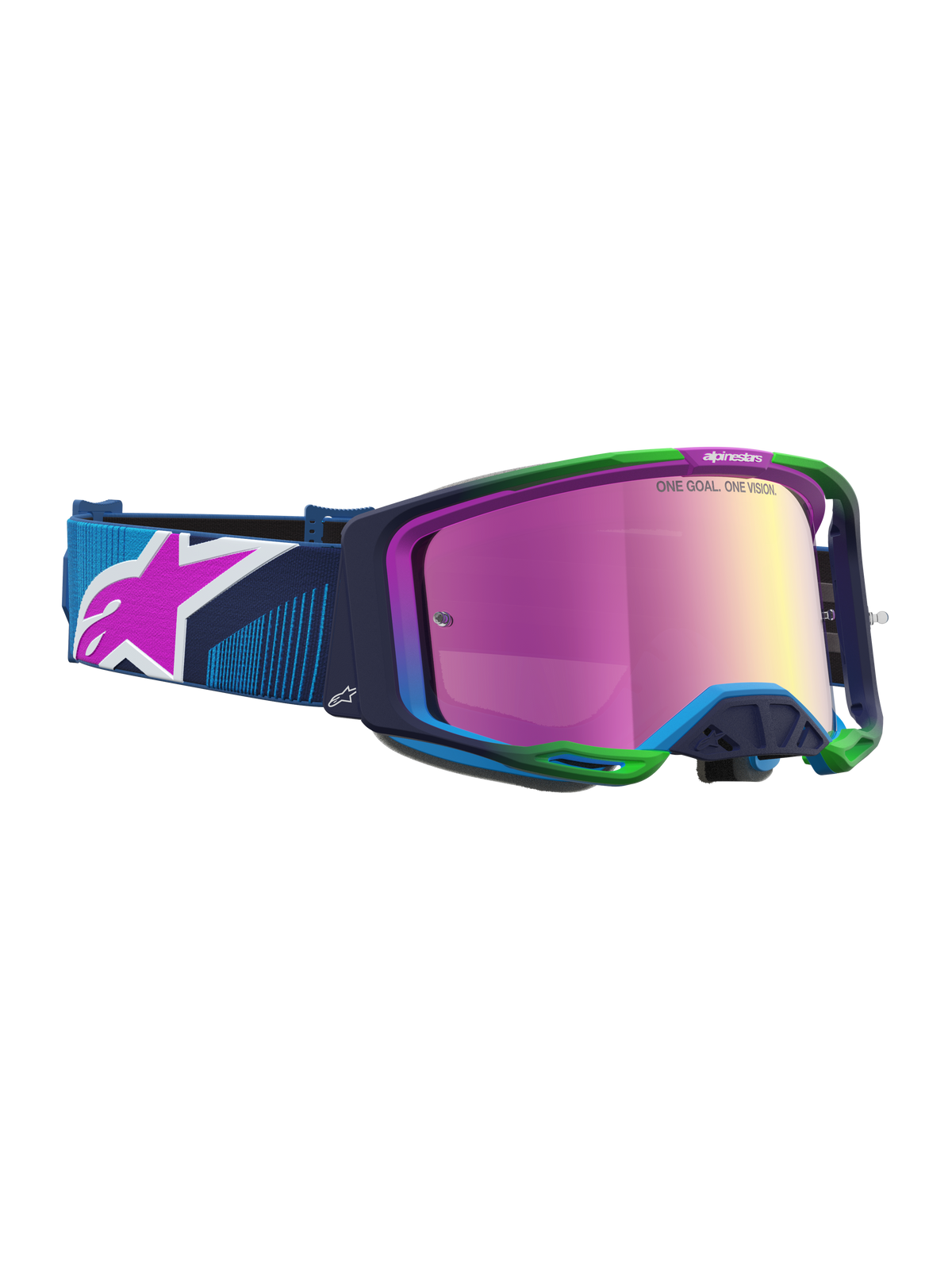 Alpinestars Vision 8 Schutzbrille Maven, Motocross-Schutzbrille, blau-grüner Rahmen, pinke Spiegelscheibe, RAM-AIR-System.