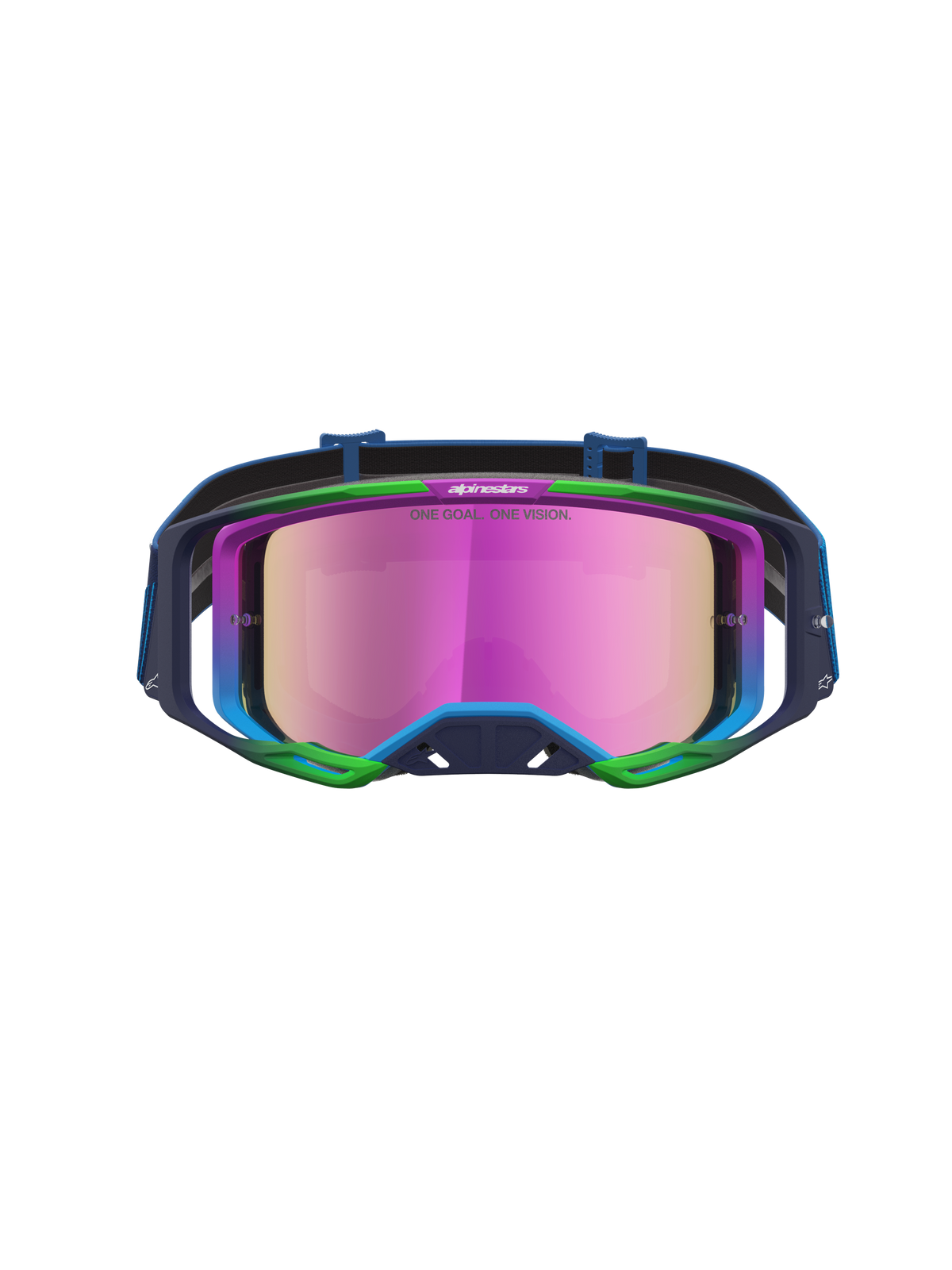 Alpinestars Vision 8 Schutzbrille Maven, Motocross-Schutzbrille, Blau und Grün mit pink verspiegelten Gläsern, A-FLEX Rahmen und RAM-AIR Belüftung.