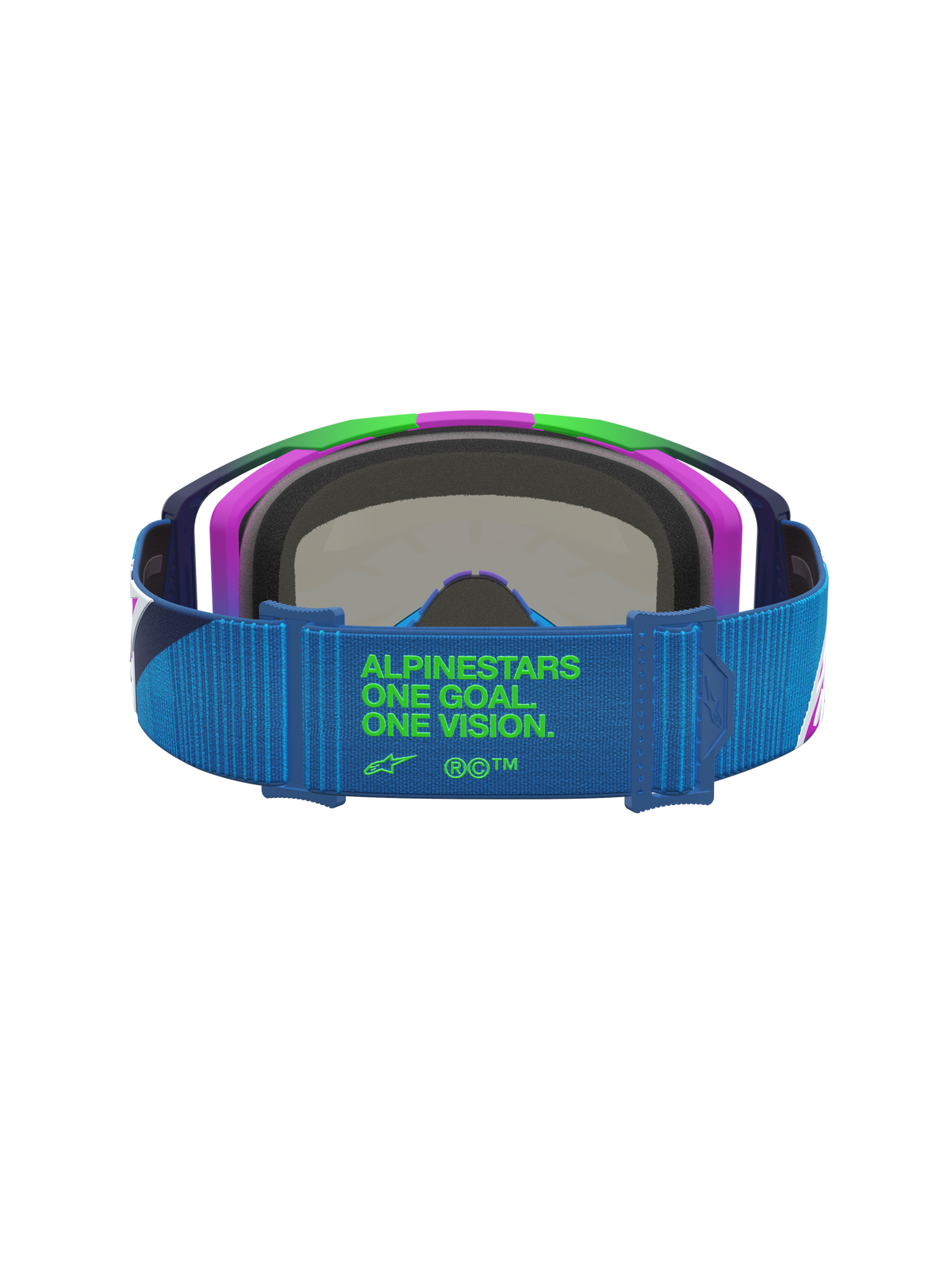 Alpinestars Vision 8 Schutzbrille Maven, Motocross, Blau und Lila, blauer Riemen mit grünem One Goal One Vision Logo.