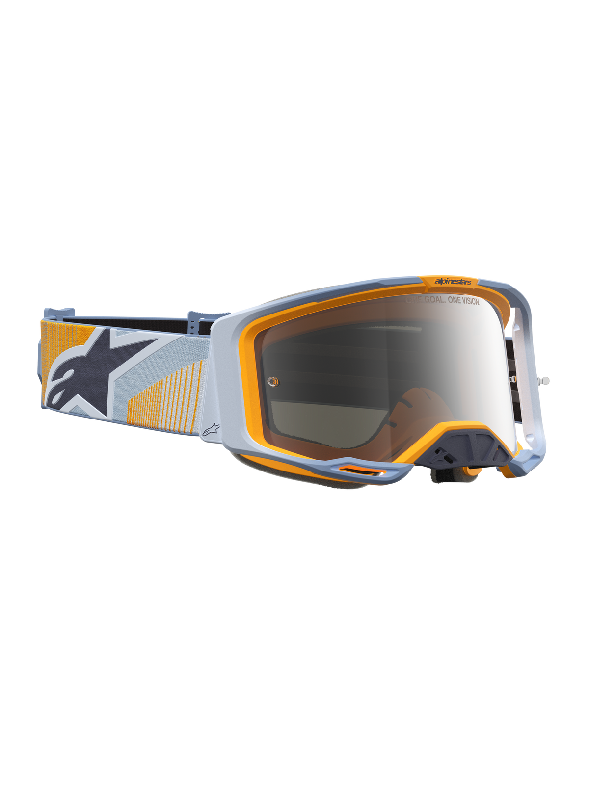 Alpinestars Vision 8 Schutzbrille Maven, Motocross-Brille, Staubblau und Orange, silber verspiegelte Scheibe, A-FLEX-Rahmen.