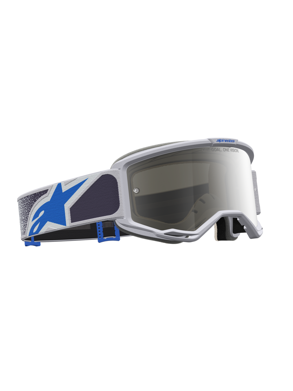 Alpinestars Vision 5 Schutzbrille Drag, Motocross-Brille in Helllila und Blau, silber verspiegelte Linse, A-FLEX Rahmen.