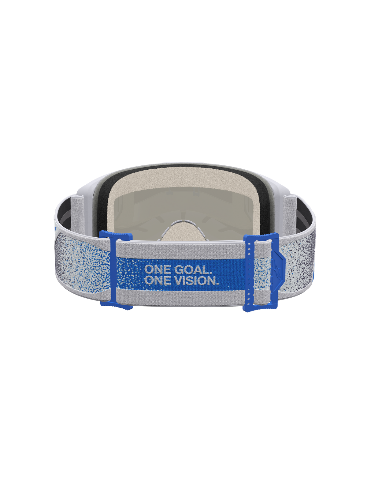 Alpinestars Vision 5 Schutzbrille Drag, Motocross-Schutzbrille, Blau und Helllila, Rückansicht mit „One Goal. One Vision.“ Slogan auf dem Brillenband.