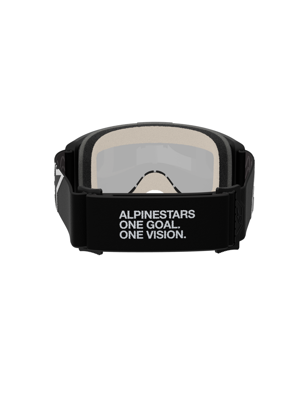 Alpinestars Vision 5 Corp Brille, Motocross-Brille, Rückansicht, mit schwarzem gewebtem Gurt und weißem 'ALPINESTARS ONE GOAL. ONE VISION.' Slogan, 17 mm mehrlagiger Gesichtsschaum, von innen sichtbares silber verspiegeltes Glas, für sicheren Sitz und Offroad-Performance