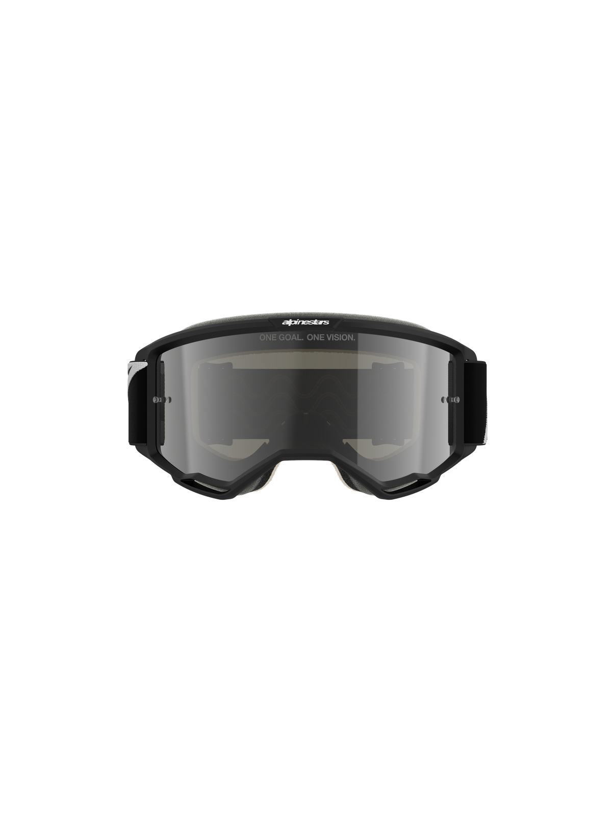 Alpinestars Vision 5 Corp Goggles, Motocross-Brille, Schwarz mit silber verspiegelter Linse, Frontansicht mit dem Schriftzug „ONE GOAL. ONE VISION.“ und Alpinestars-Logo, schlankes Design für Offroad- und Motocross-Rennsport