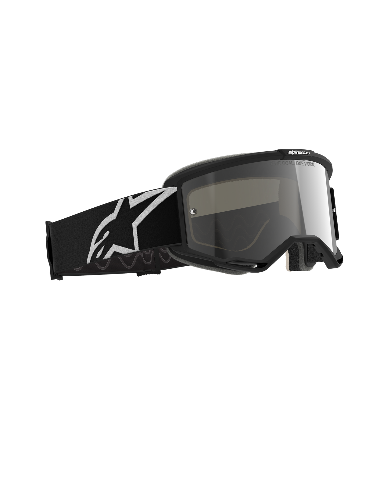 Alpinestars Vision 5 Corp Schutzbrille, Motocross-Brille, Black Mirror Silver, schwarzer Rahmen mit silber verspiegelter Scheibe, breites schwarzes Band mit großem weißem Alpinestars-Logo, konzipiert für Offroad-Performance