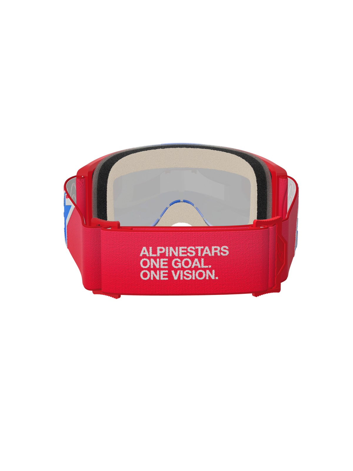 Alpinestars Vision 5 Corp Goggles, Motocross-Brille, Rot und Weiß, Rückansicht mit breitem Band und dem Slogan „Alpinestars One Goal. One Vision.“, dicker Gesichtsschaumstoff und roter Rahmen