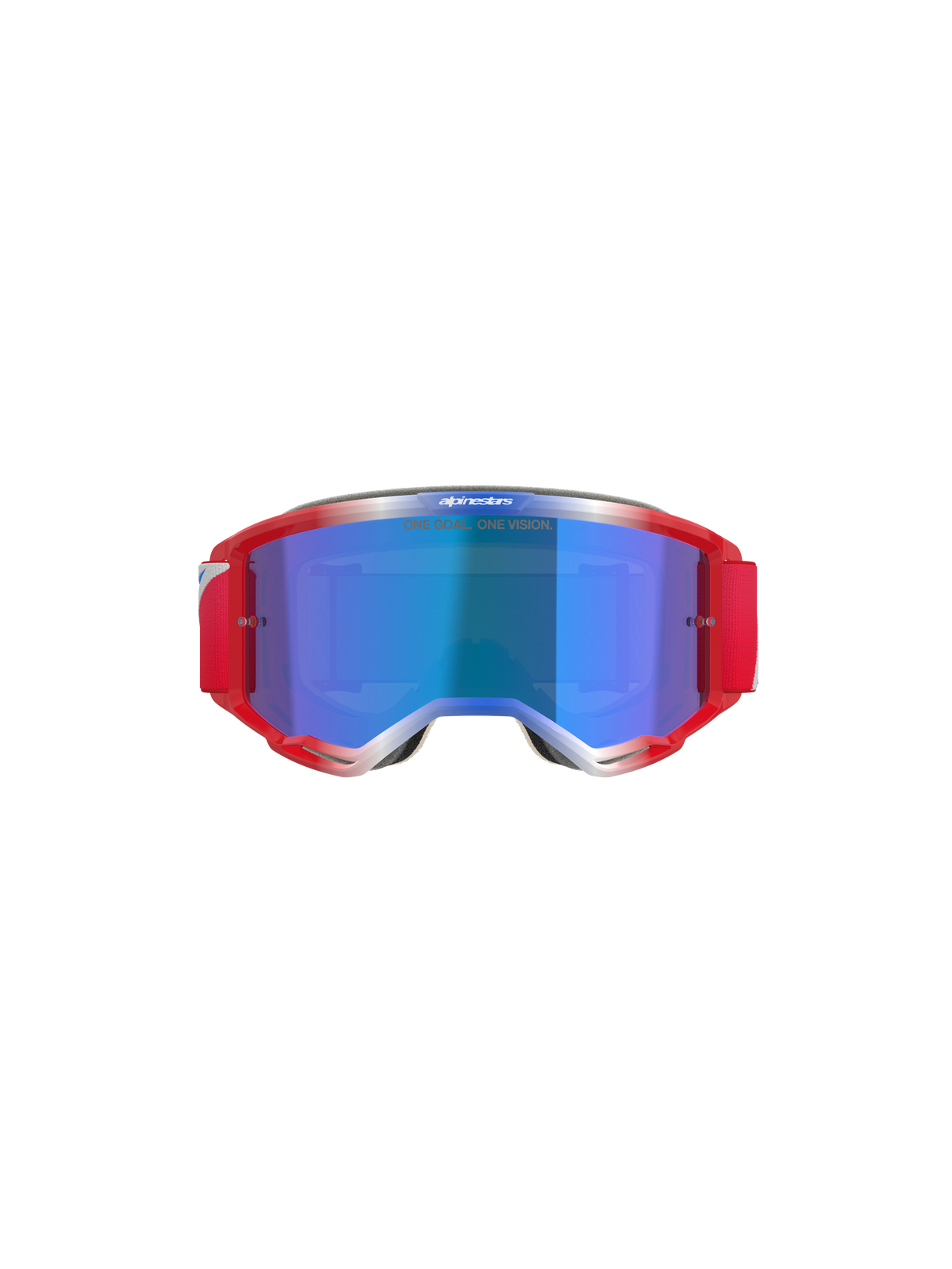Alpinestars Vision 5 Corp Goggles, Motocross-Brille, rot-weißer Rahmen mit blau verspiegelter Linse, rotes Band und 'ONE GOAL... ONE VISION'-Schriftzug auf der Linse, Vorderansicht