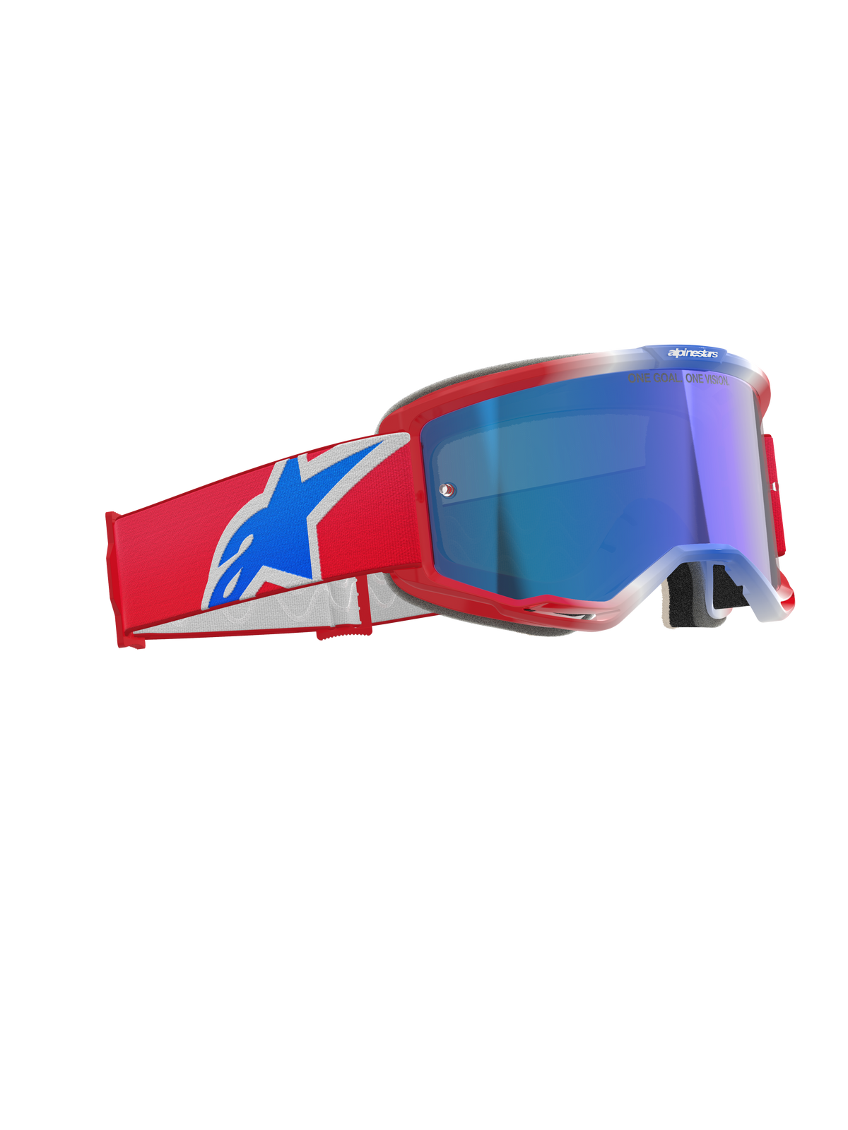 Alpinestars Vision 5 Corp Goggles, Motocross-Brille, Rot, Weiß und Blau mit blau verspiegelter Linse, roter Rahmen mit schlanker Belüftung, breites rotes Band mit auffälligem blau-weißem Logo, professionelle Brille für Offroad- und Motocross-Rennsport
