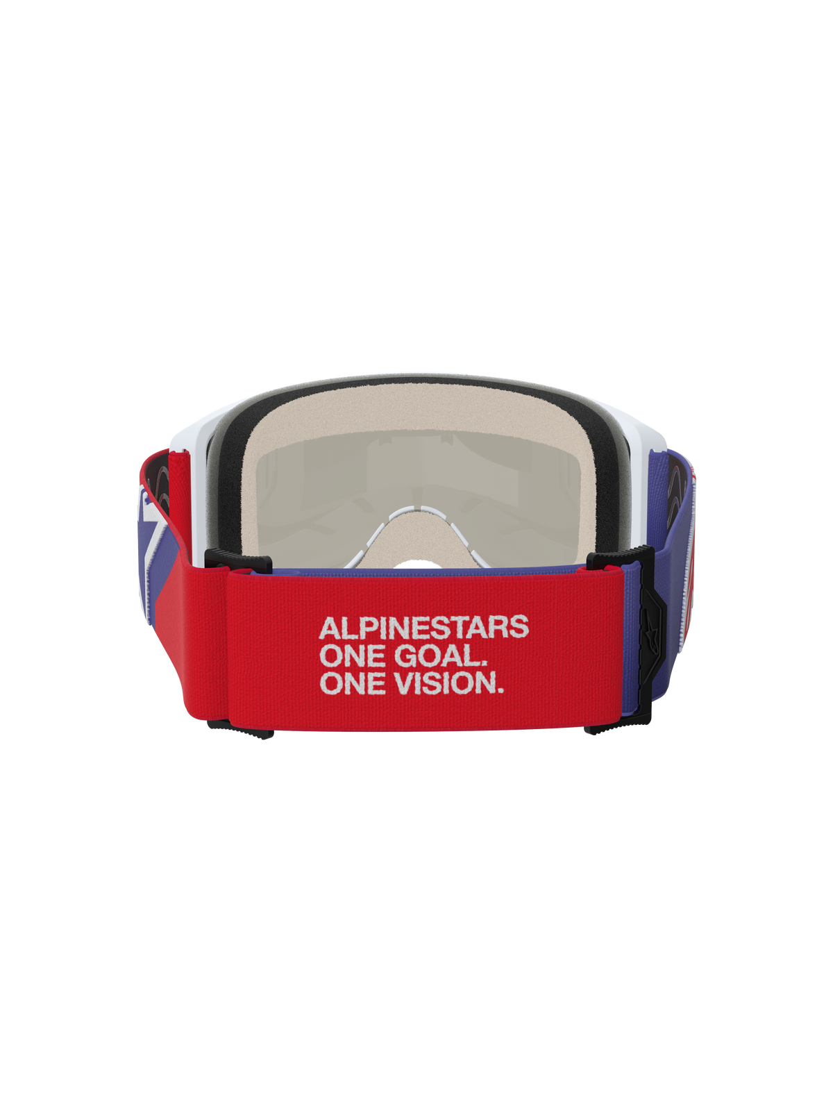 Alpinestars Vision 5 Corp Brille, Motocross-Brille, Rot und Lila, Rückansicht mit rotem elastischem Band mit weißem 'ALPINESTARS ONE GOAL. ONE VISION.' Slogan, weißer Rahmen mit beigem mehrstufigem Gesichtsschaum, strapazierfähiger Offroad-Augenschutz