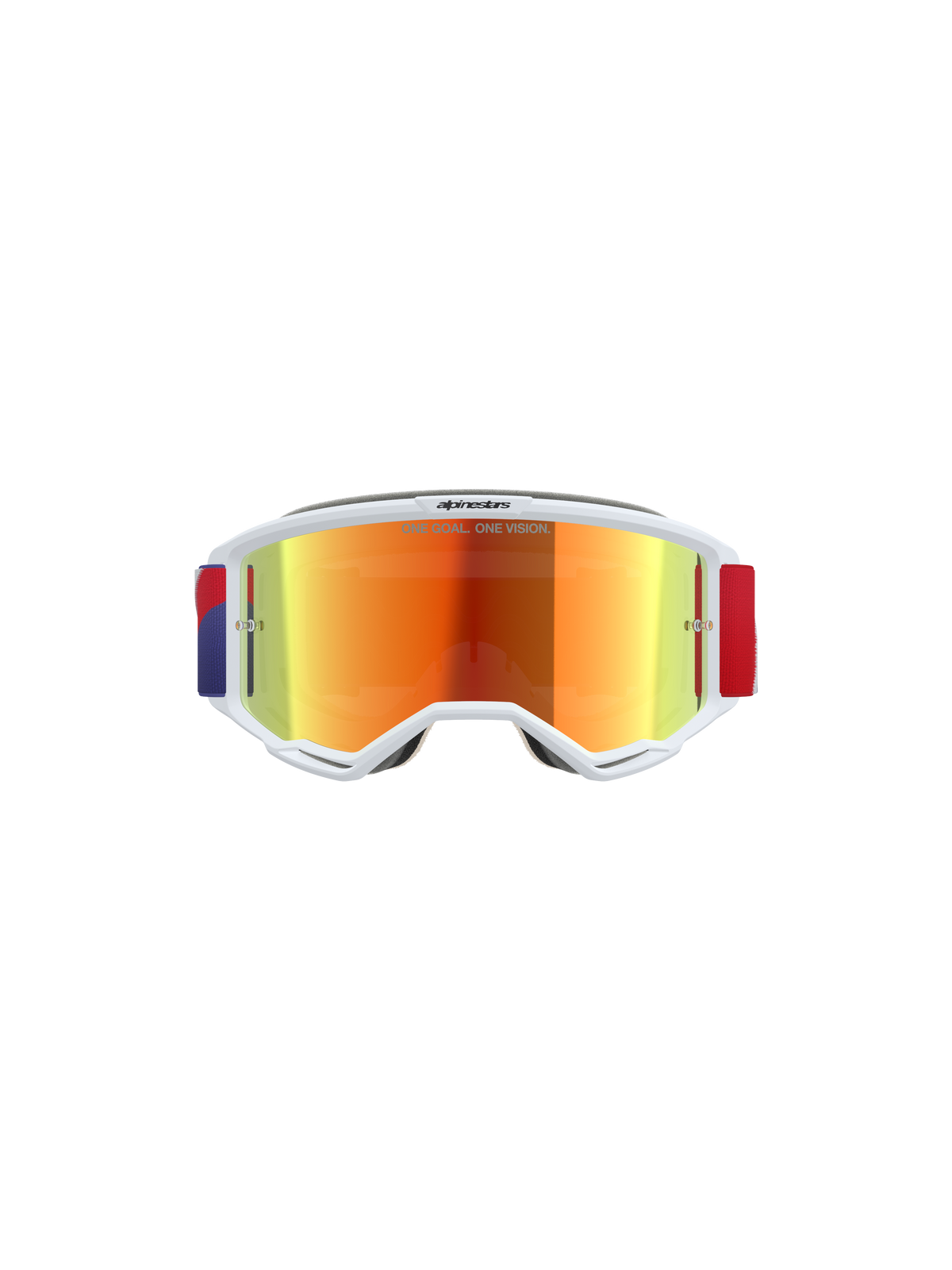Alpinestars Vision 5 Corp Schutzbrille, Motocross-Brille, weißer Rahmen mit violett verspiegeltem, rot getöntem Glas, verstellbares rotes und violettes Band, mit „ONE GOAL. ONE VISION.“ Schriftzug auf dem Glas, Hochleistungs-Schutzausrüstung für Offroad-Rennsport