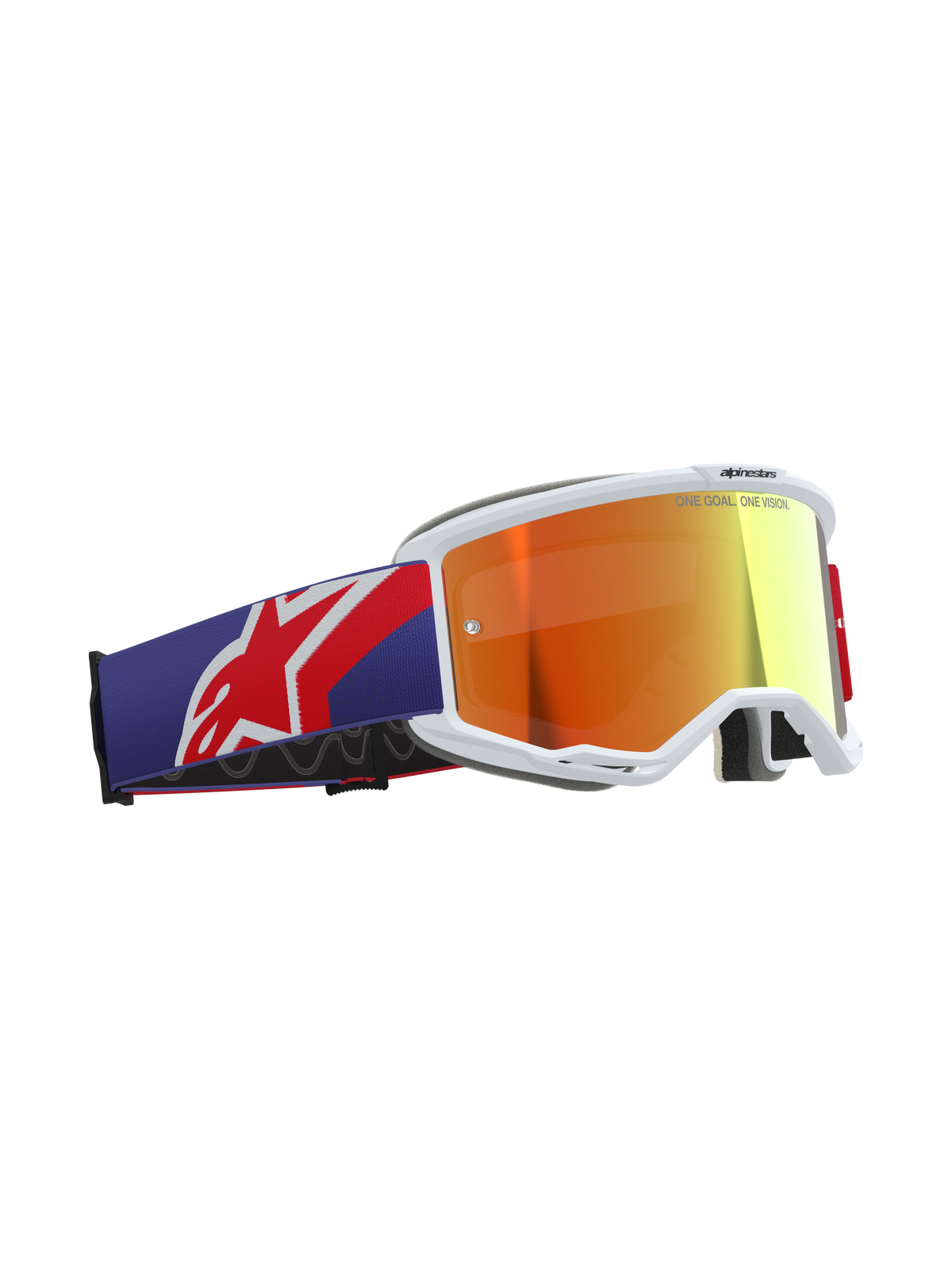 Alpinestars Vision 5 Corp Goggles, Motocross-Brille, rote und lila Farbgebung mit Purple Mirror Red Glas, weißer A-FLEX Urethan-Rahmen, dicker mehrstufiger Gesichtsschaum, breites verstellbares Band mit rotem und weißem Alpinestars Logo, professionelle Offroad-Rennbrille.
