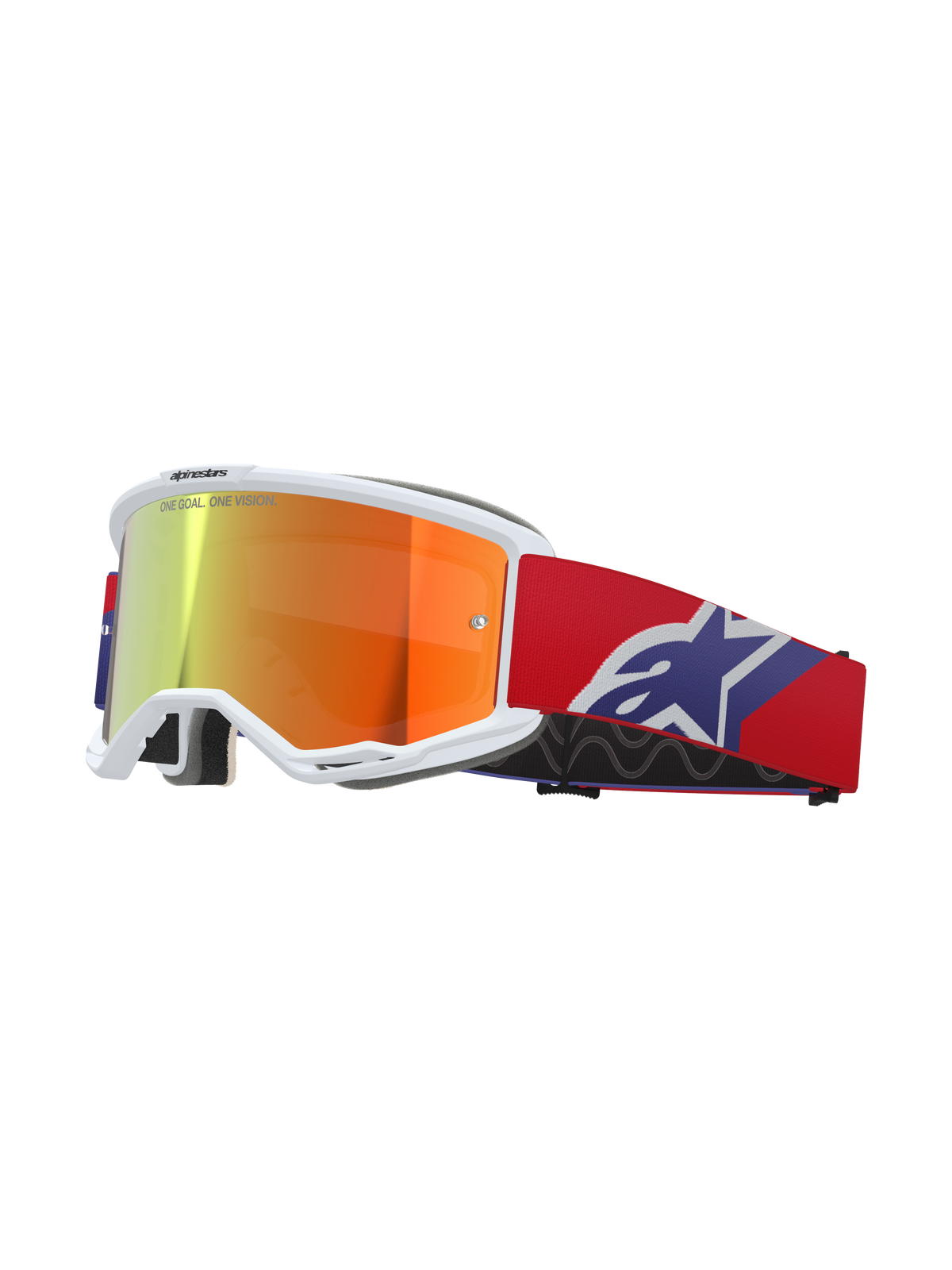 Alpinestars Vision 5 Corp Goggles, weißer Rahmen mit orange-lila verspiegelter Linse, „ONE GOAL. ONE VISION.“ Branding, rotes Brillenband mit blau-weißem Stern-Logo, Motocross-Brille