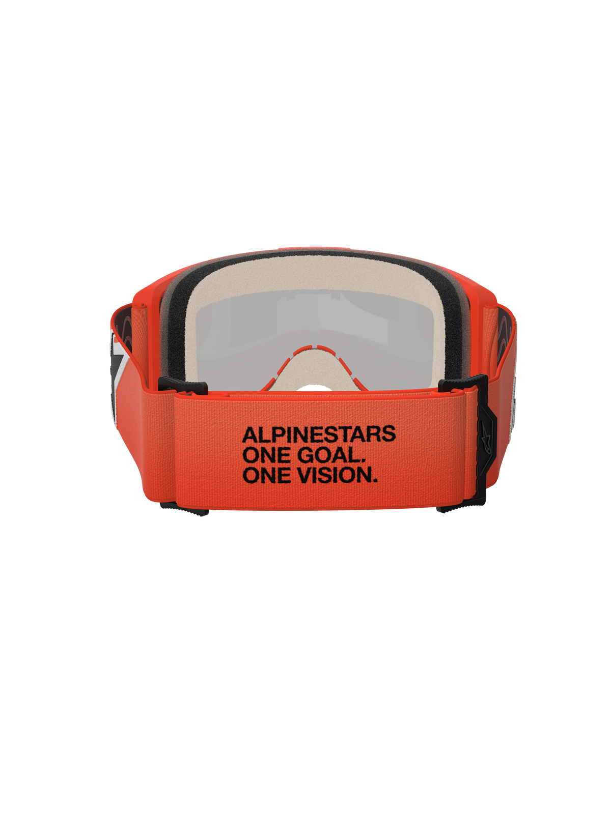 Alpinestars Vision 5 Corp Goggles, Rückansicht mit orangefarbenem gewebtem Band und schwarzem „ALPINESTARS ONE GOAL. ONE VISION.“ Schriftzug, mehrlagiger Gesichtsschaumstoff, oranger Rahmen, professionelle Motocross-Brille