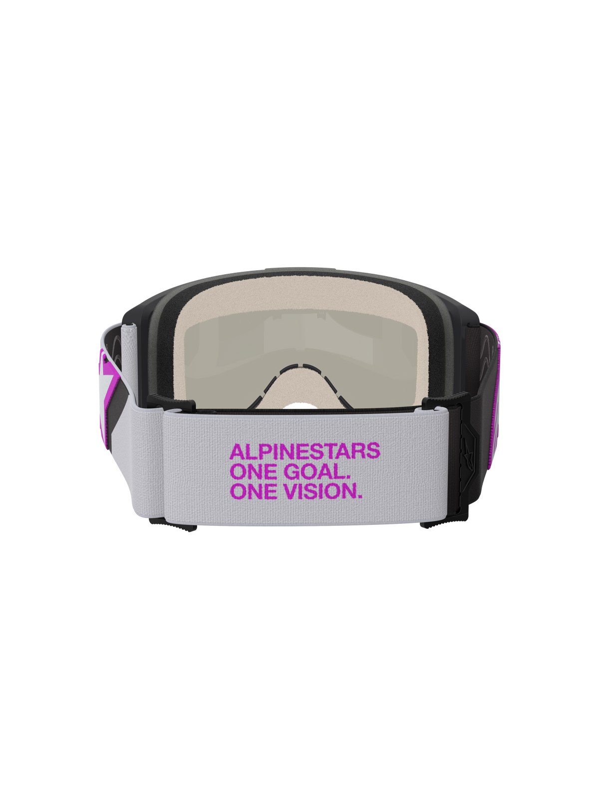 Alpinestars Vision 5 Corp Goggles, Motocross Goggles, Light Gray and Purple Mirror Silver, rear view showing wide woven strap with purple branding, multi-layer face foam, and durable frame construction