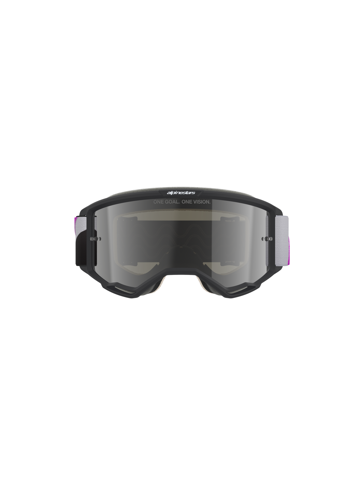 Alpinestars Vision 5 Corp Goggles, Motocross Goggles, Light Gray frame with Purple Mirror Silver lens, front view featuring 'ONE GOAL. ONE VISION.' text, adjustable gray and purple woven strap, high-performance off-road eye protection