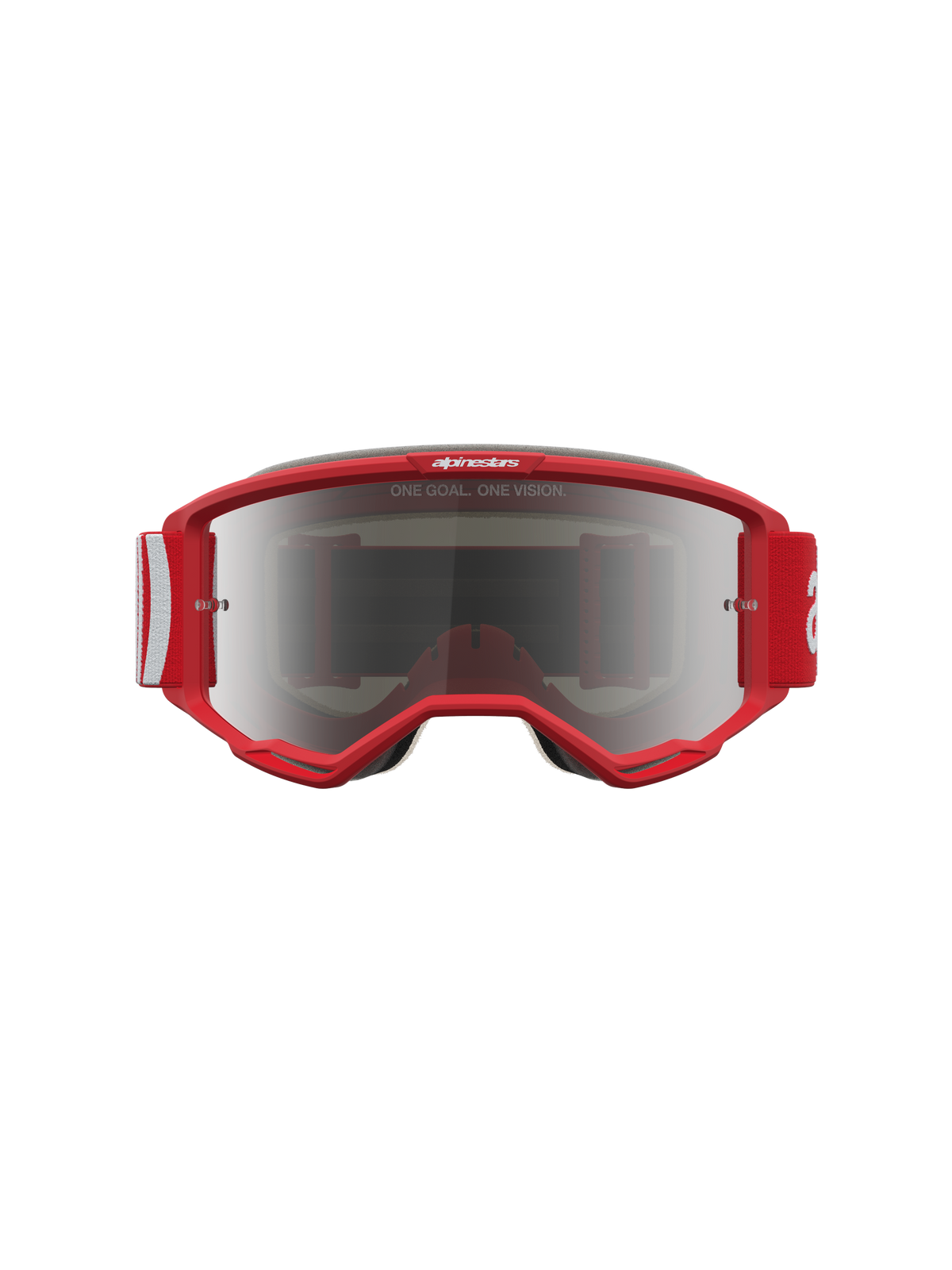 Alpinestars Vision 5 Hone Motocross-Schutzbrille, Rot und Weiß, silbern verspiegelte Scheibe, RAM-AIR-Belüftungssystem.