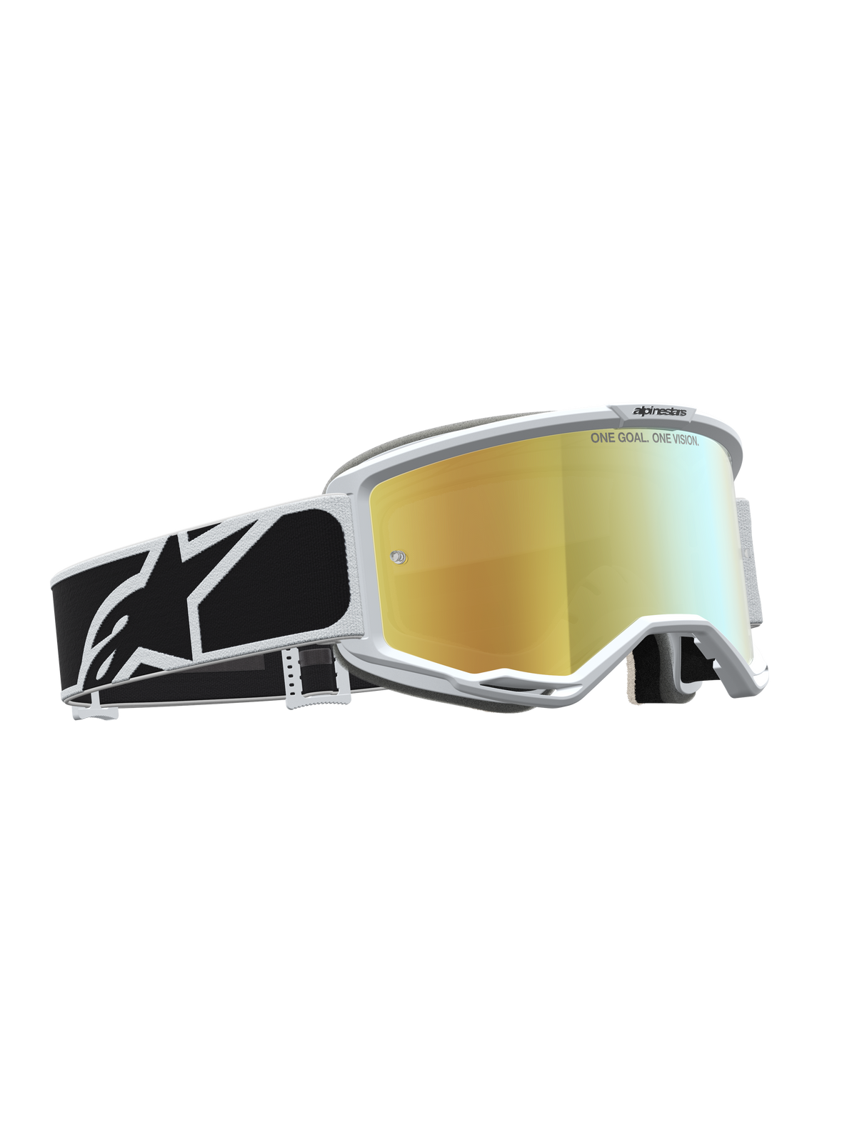 Alpinestars Vision 5 Rora Schutzbrille, Motocross-Schutzbrille mit goldener Verspiegelung, weißem Rahmen und schwarzem Band.