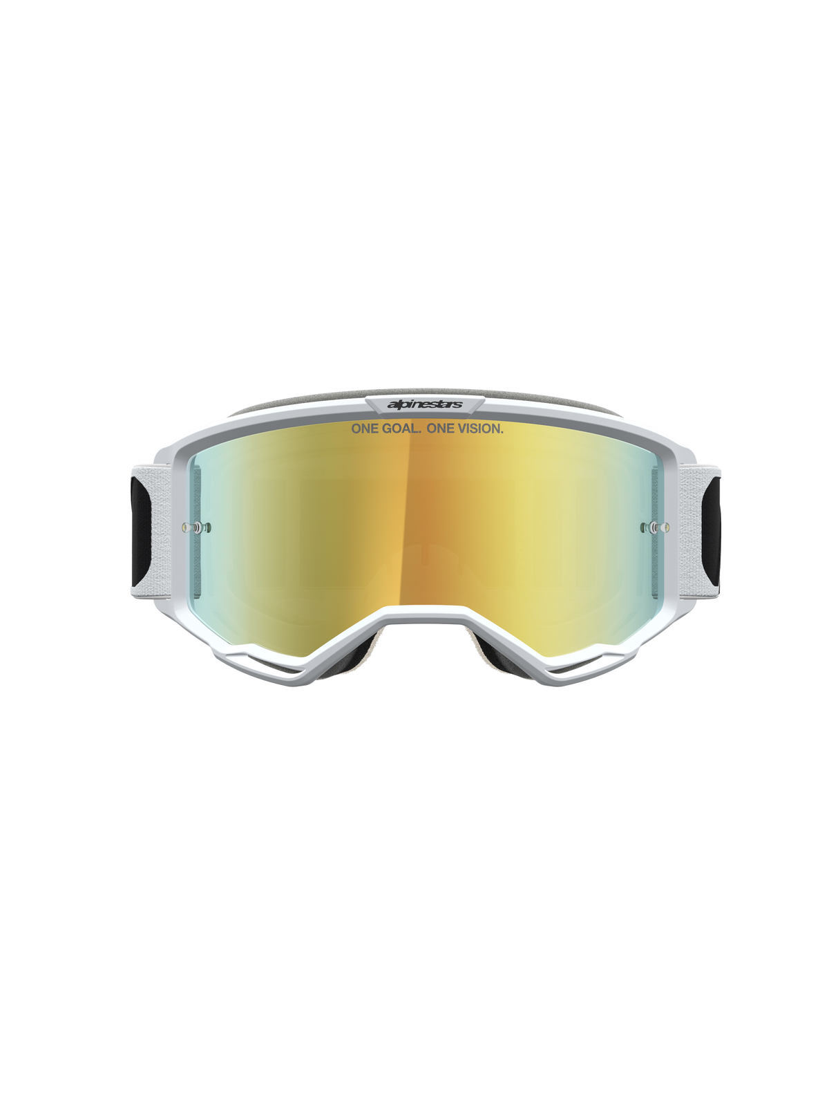 Alpinestars Vision 5 Schutzbrille Rora, Motocross, weißer A-FLEX-Rahmen, goldverspiegelte Scheibe, RAM-AIR-Belüftung.