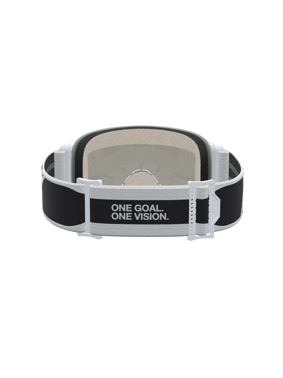 Alpinestars Vision 5 Schutzbrille Rora, Motocross, Schwarz und Weiß, Rückansicht des Brillenbands mit 'One Goal. One Vision.' Slogan.