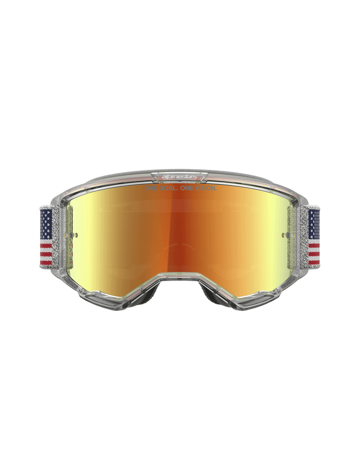 Alpinestars Vision 5 LE Fiftyfold Motocross-Schutzbrille, rote Spiegelgläser, blau-weißes Flaggenband, klarer A-FLEX Rahmen